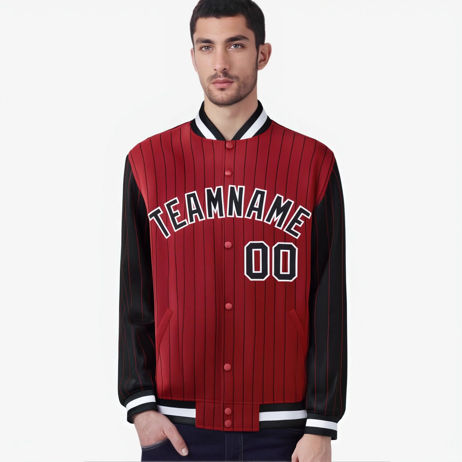 Custom Red Black-Red Personalized Stripe Fashion Letterman Bomber Varsity Jacket