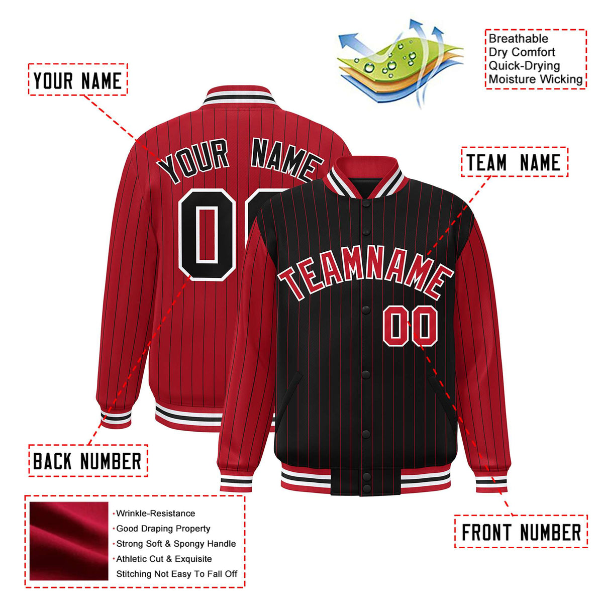 Custom Black Red-Black Personalized Stripe Fashion Letterman Bomber Varsity Jacket