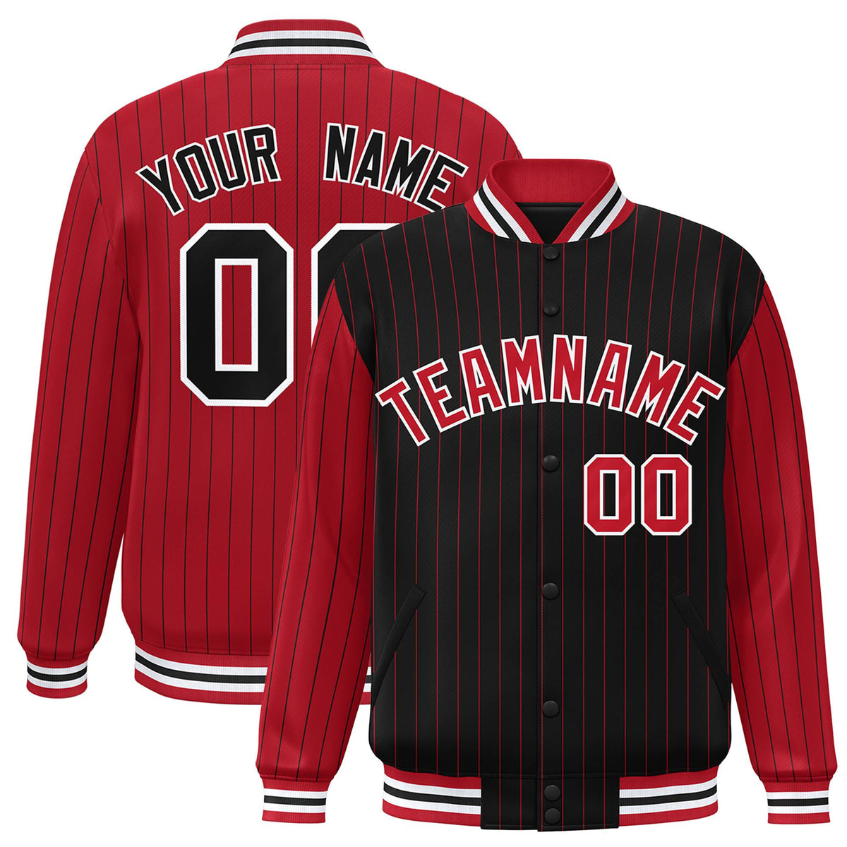 Custom Black Red-Black Personalized Stripe Fashion Letterman Bomber Varsity Jacket