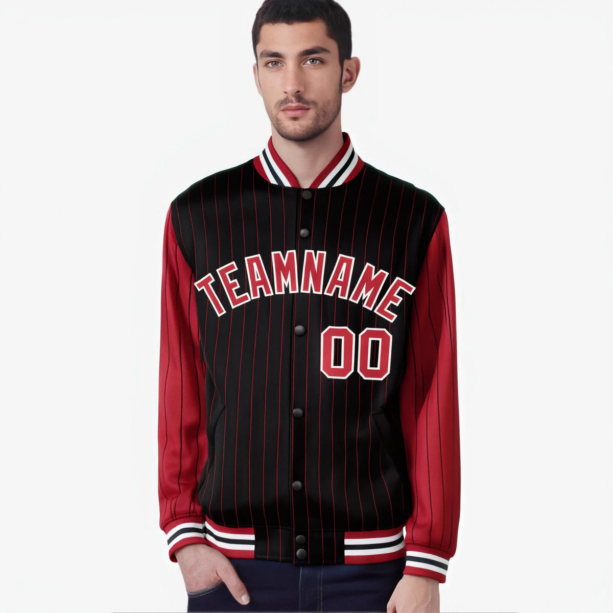 Custom Black Red-Black Personalized Stripe Fashion Letterman Bomber Varsity Jacket