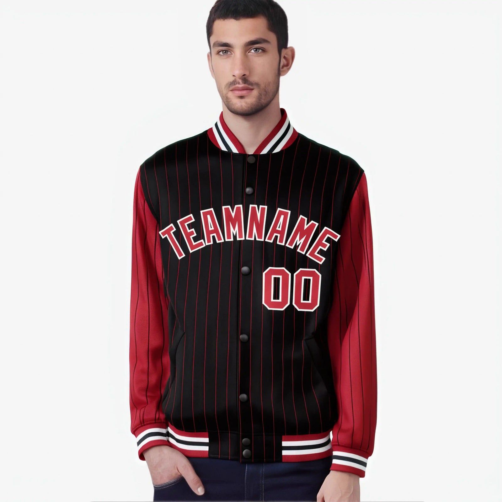 Custom Black Red-Black Personalized Stripe Fashion Letterman Bomber Varsity Jacket