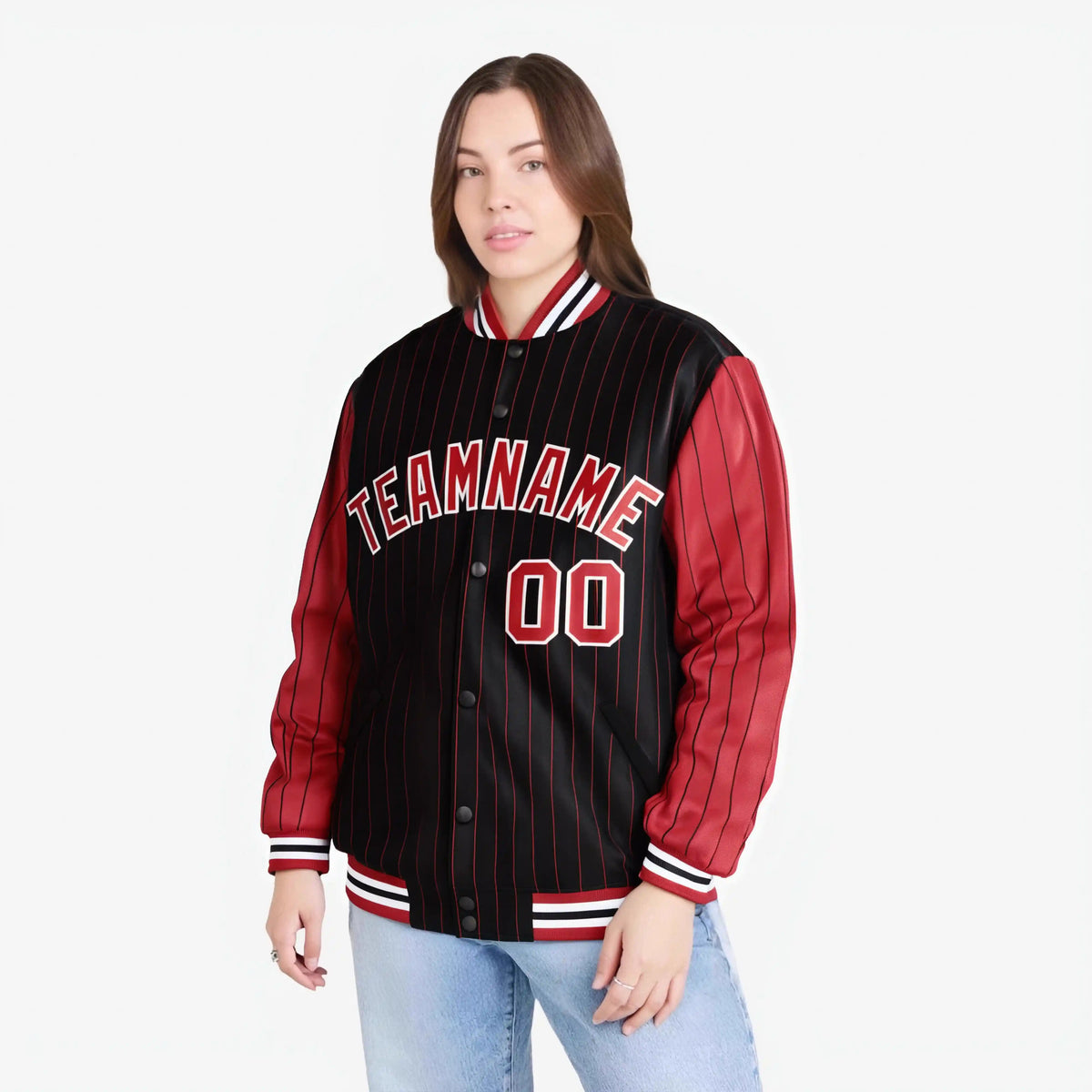 Custom Black Red-Black Personalized Stripe Fashion Letterman Bomber Varsity Jacket