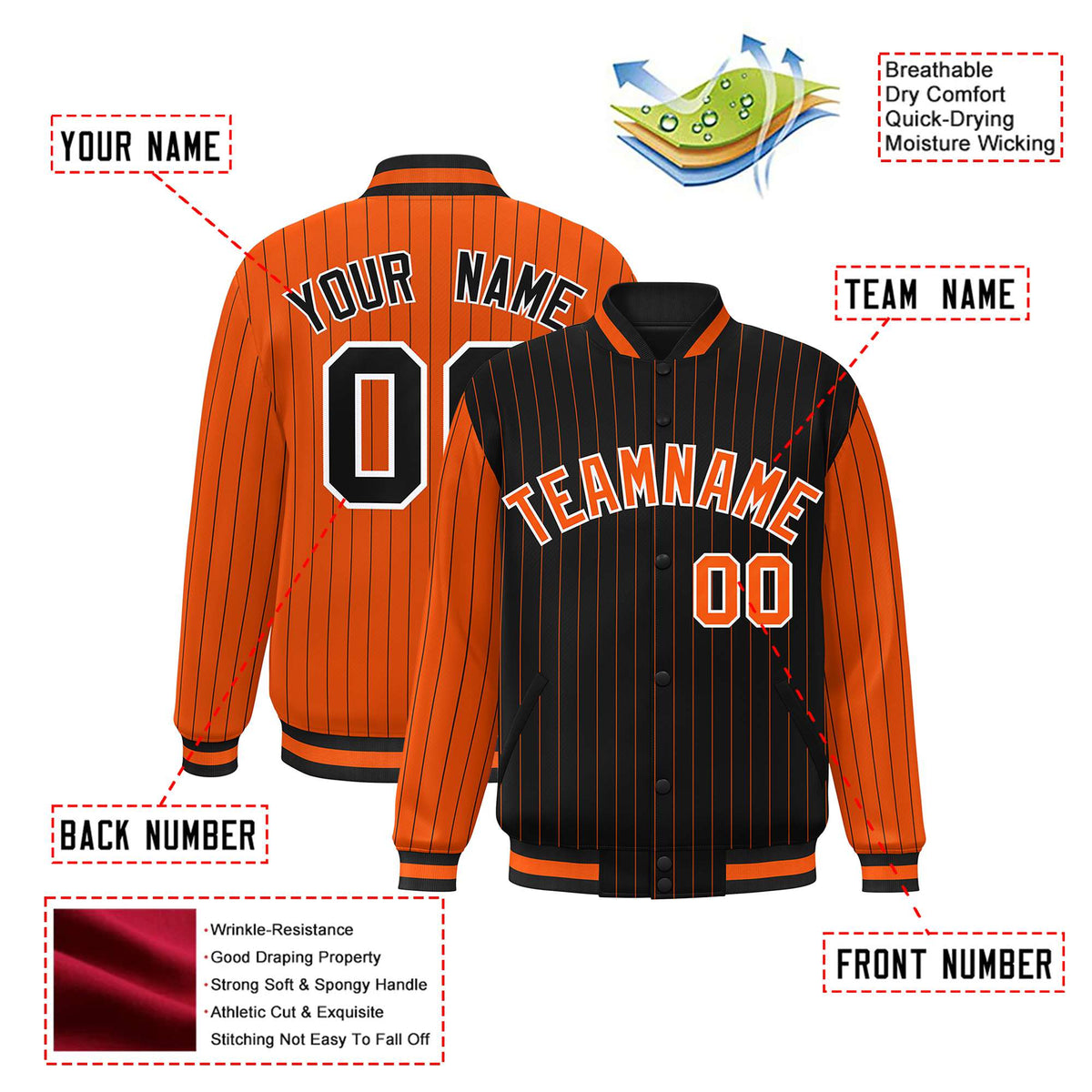 Custom Black Orange-Black Personalized Stripe Fashion Letterman Bomber Varsity Jacket