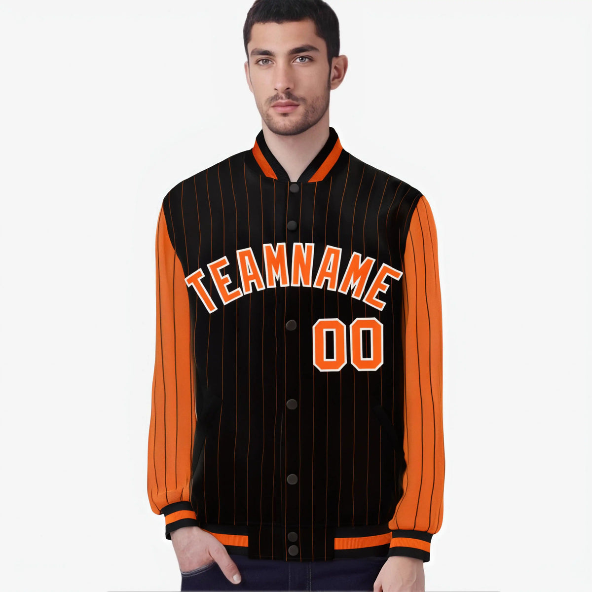 Custom Black Orange-Black Personalized Stripe Fashion Letterman Bomber Varsity Jacket
