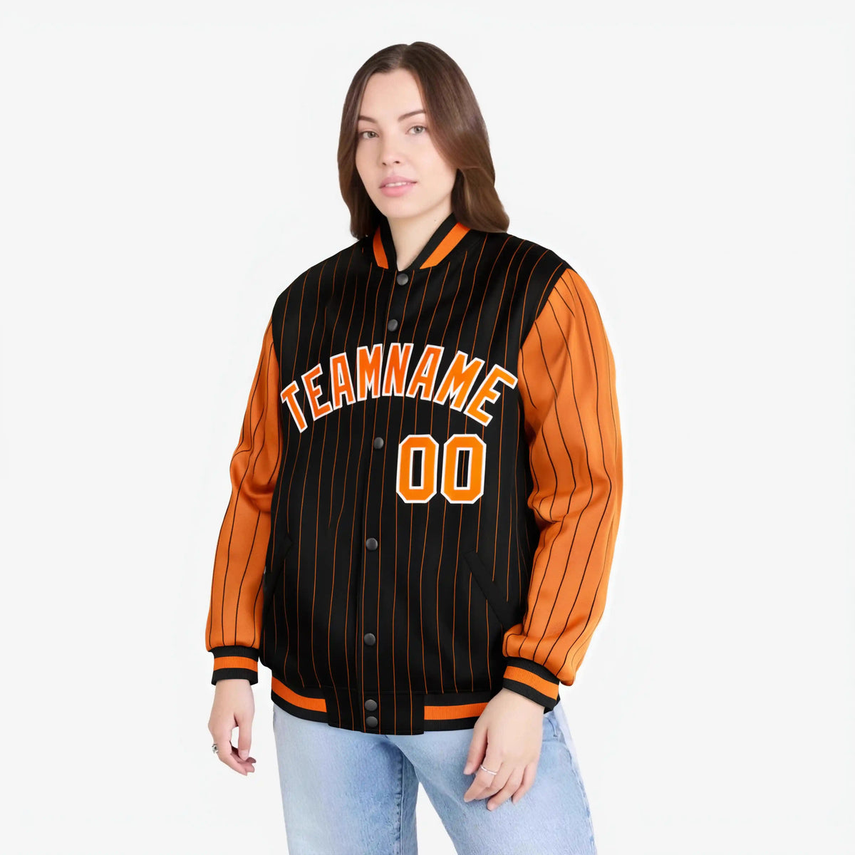 Custom Black Orange-Black Personalized Stripe Fashion Letterman Bomber Varsity Jacket
