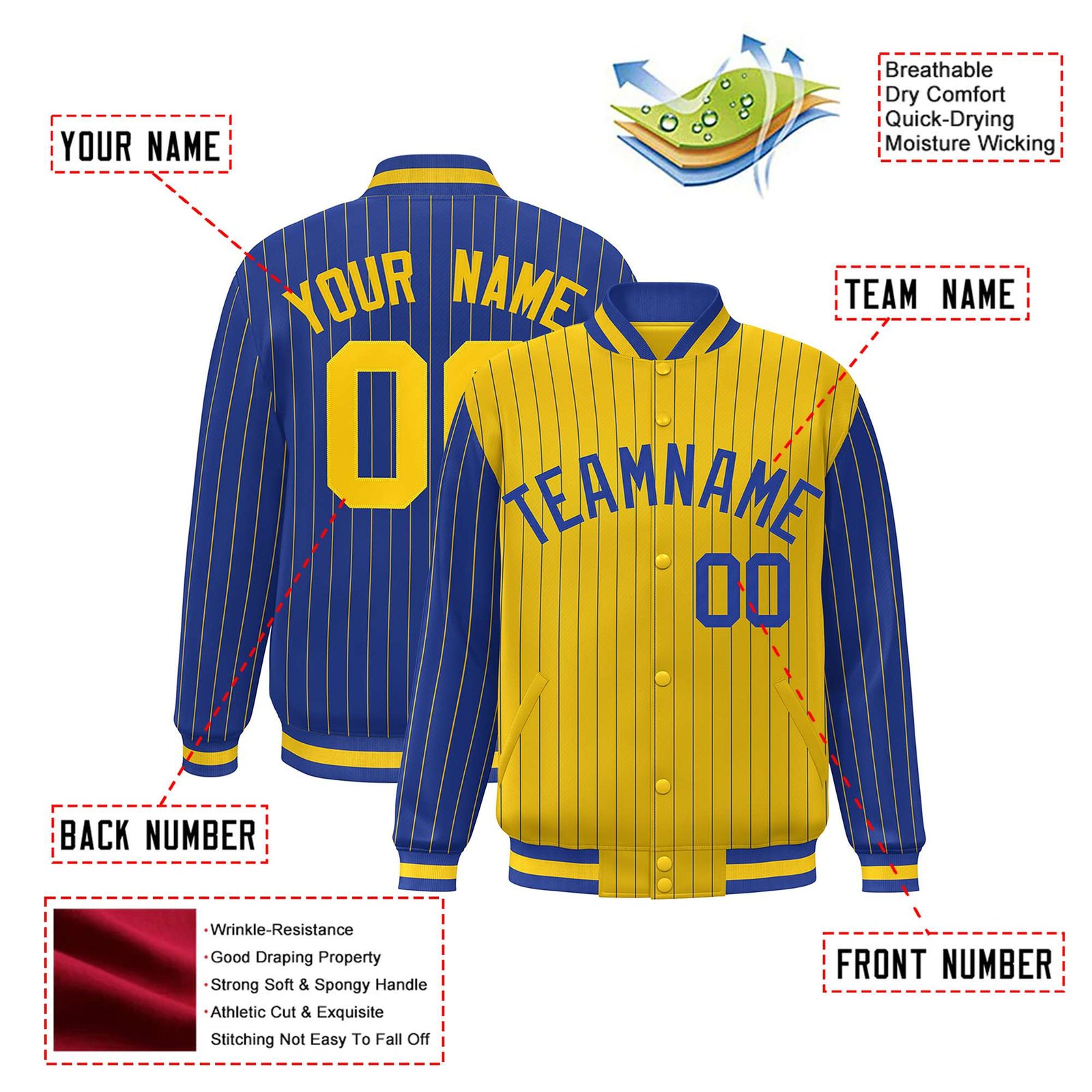 Custom Gold Royal Blue-Gold Personalized Stripe Fashion Letterman Bomber Varsity Jacket
