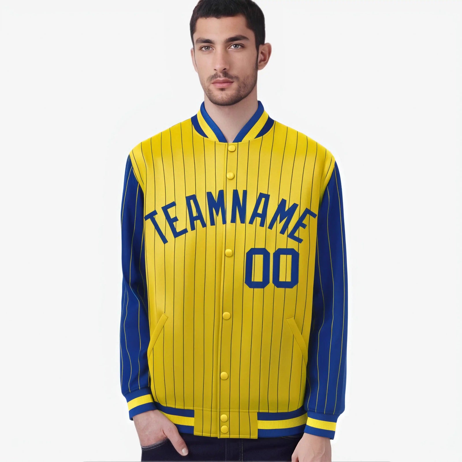 Custom Gold Royal Blue-Gold Personalized Stripe Fashion Letterman Bomber Varsity Jacket