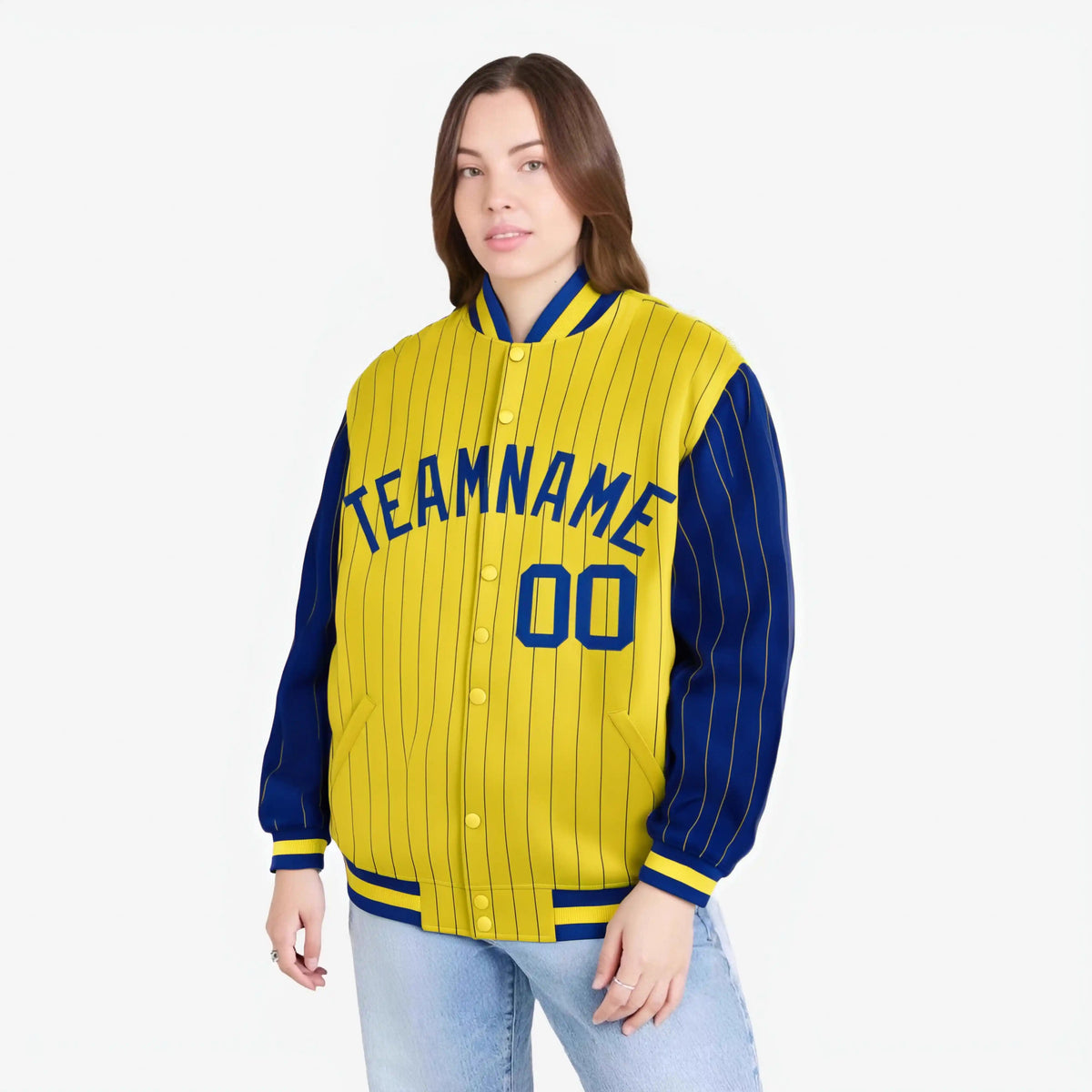 Custom Gold Royal Blue-Gold Personalized Stripe Fashion Letterman Bomber Varsity Jacket