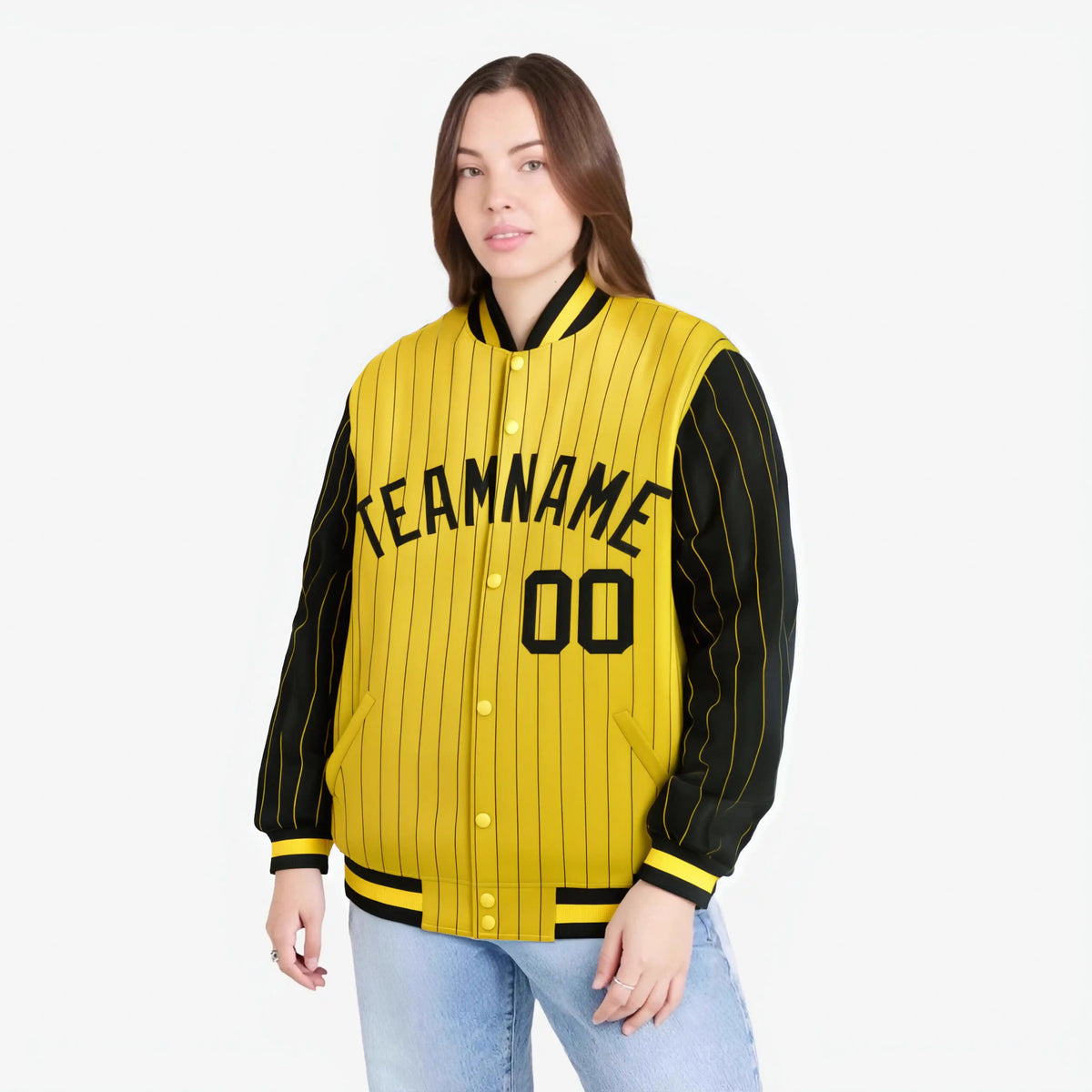 Custom Gold Black-Gold Personalized Stripe Fashion Letterman Bomber Varsity Jacket
