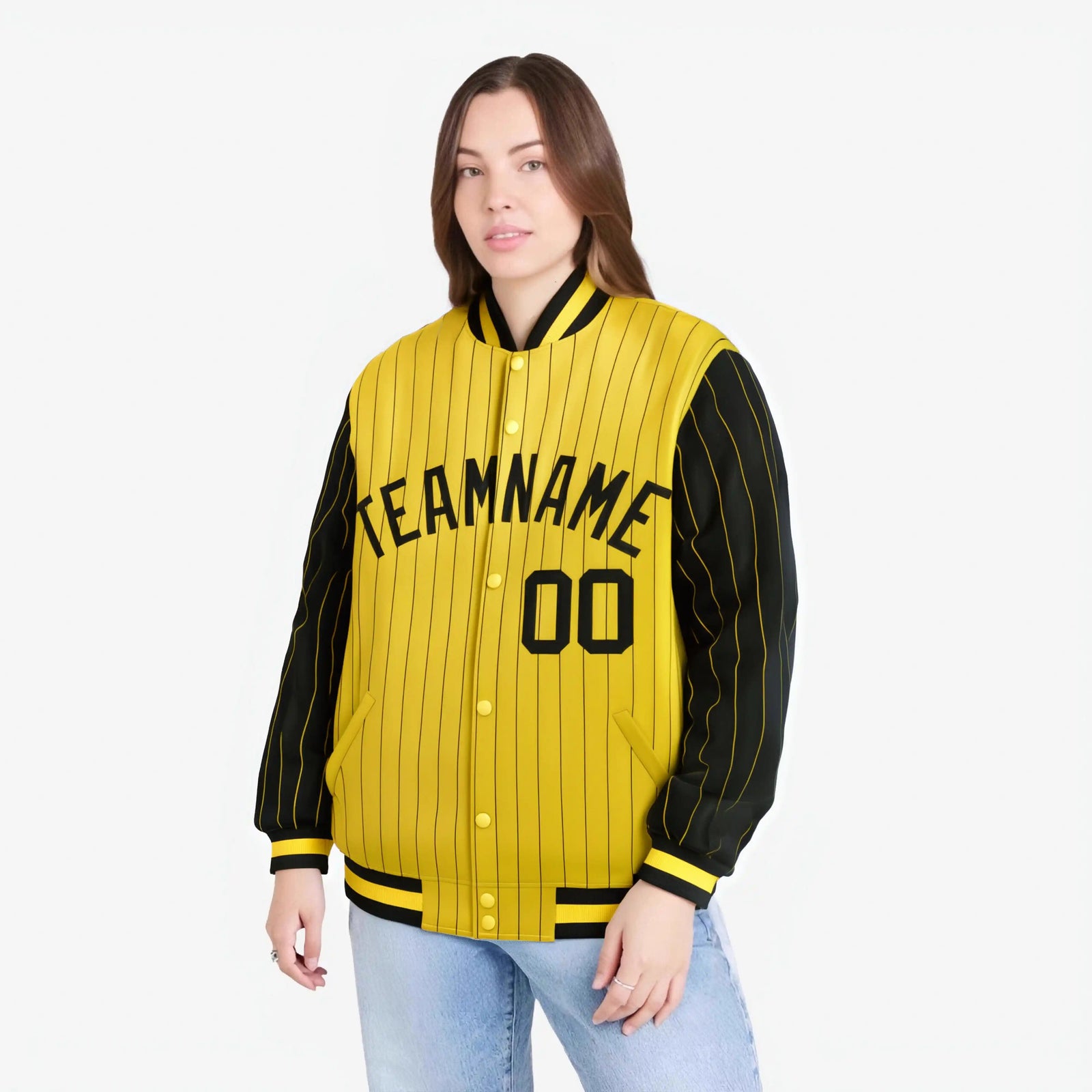 Custom Gold Black-Gold Personalized Stripe Fashion Letterman Bomber Varsity Jacket