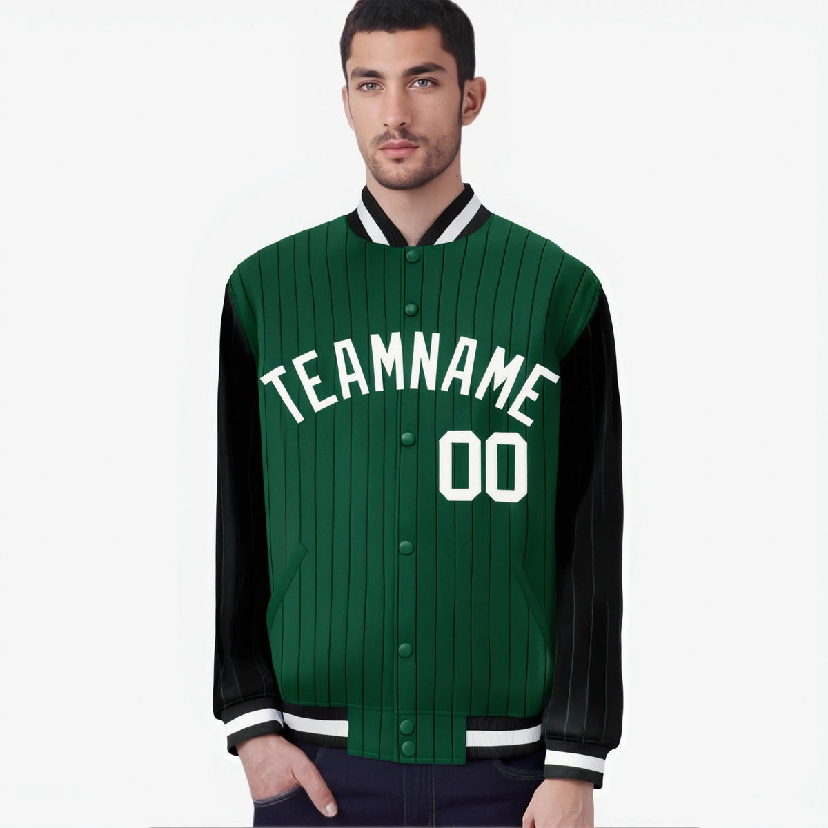 Custom Green Black-Green Personalized Stripe Fashion Letterman Bomber Varsity Jacket