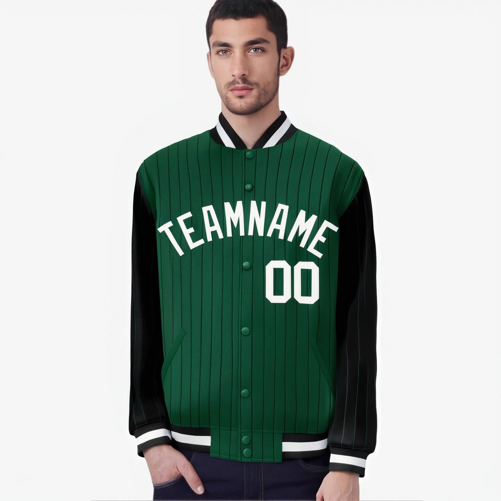 Custom Green Black-Green Personalized Stripe Fashion Letterman Bomber Varsity Jacket