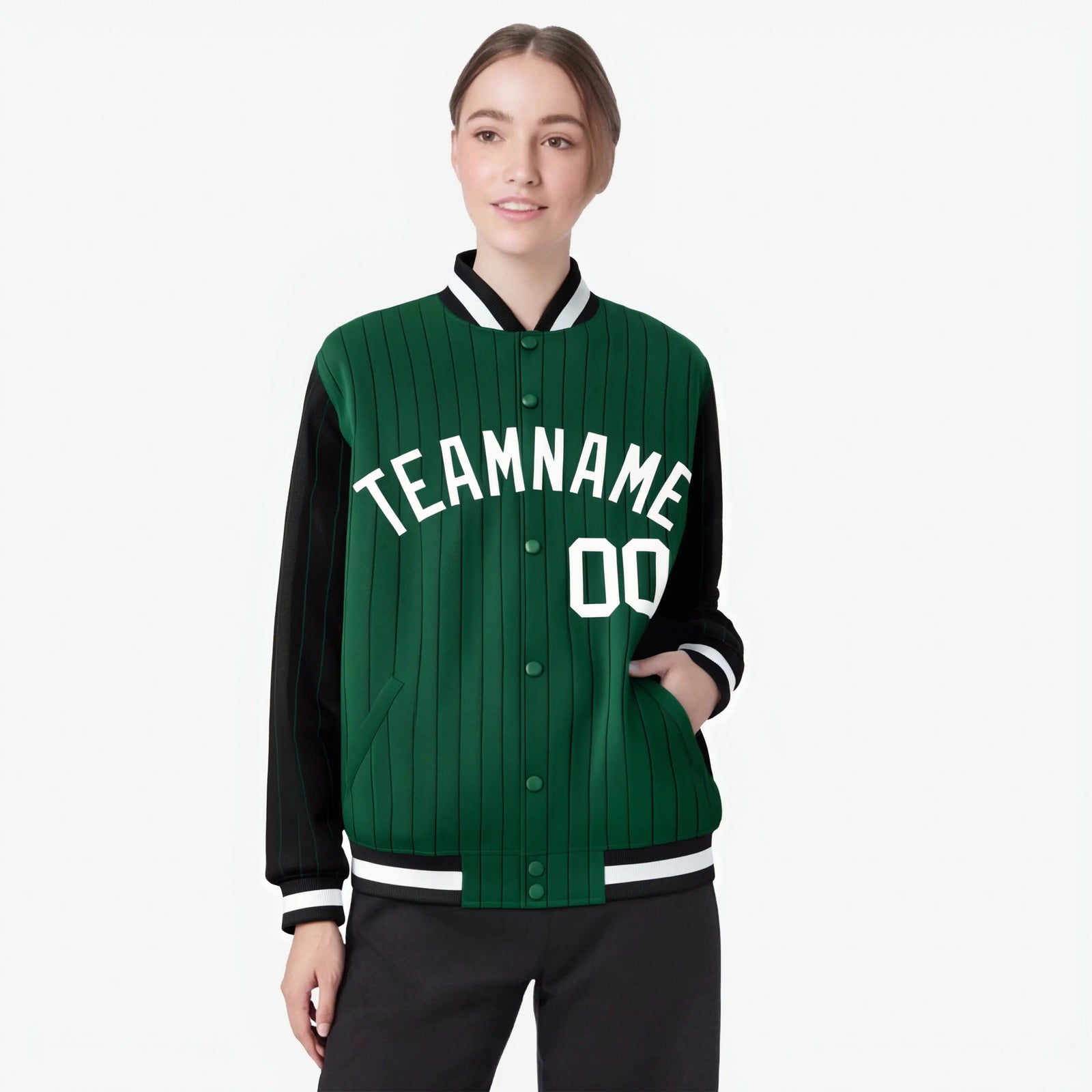 Custom Green Black-Green Personalized Stripe Fashion Letterman Bomber Varsity Jacket
