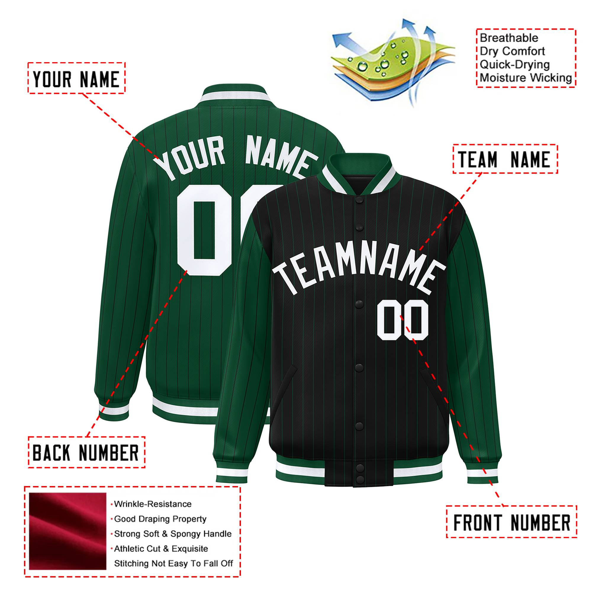 Custom Black Green-Black Personalized Stripe Fashion Letterman Bomber Varsity Jacket