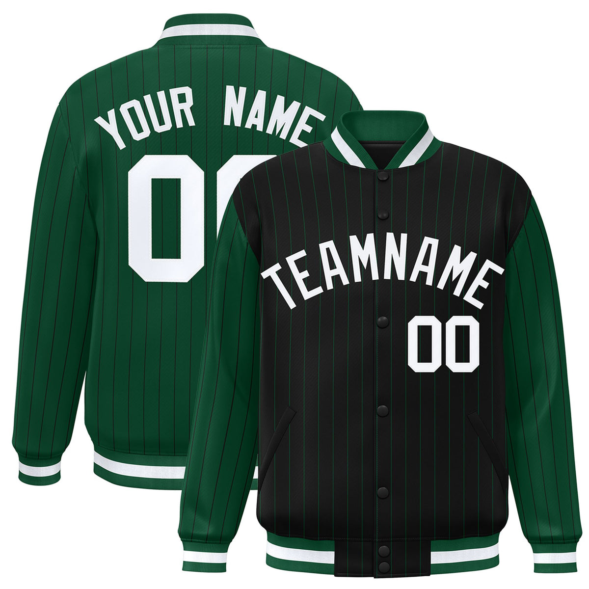 Custom Black Green-Black Personalized Stripe Fashion Letterman Bomber Varsity Jacket