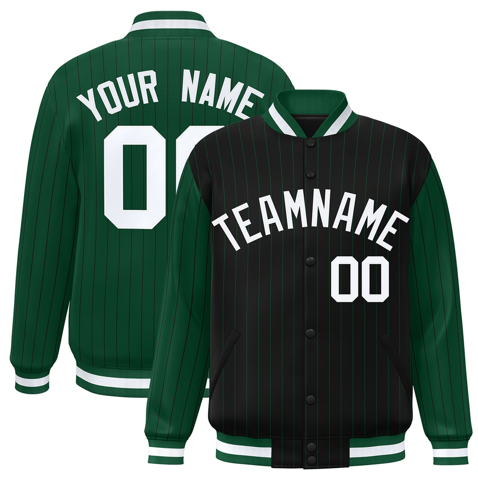 Custom Black Green-Black Personalized Stripe Fashion Letterman Bomber Varsity Jacket