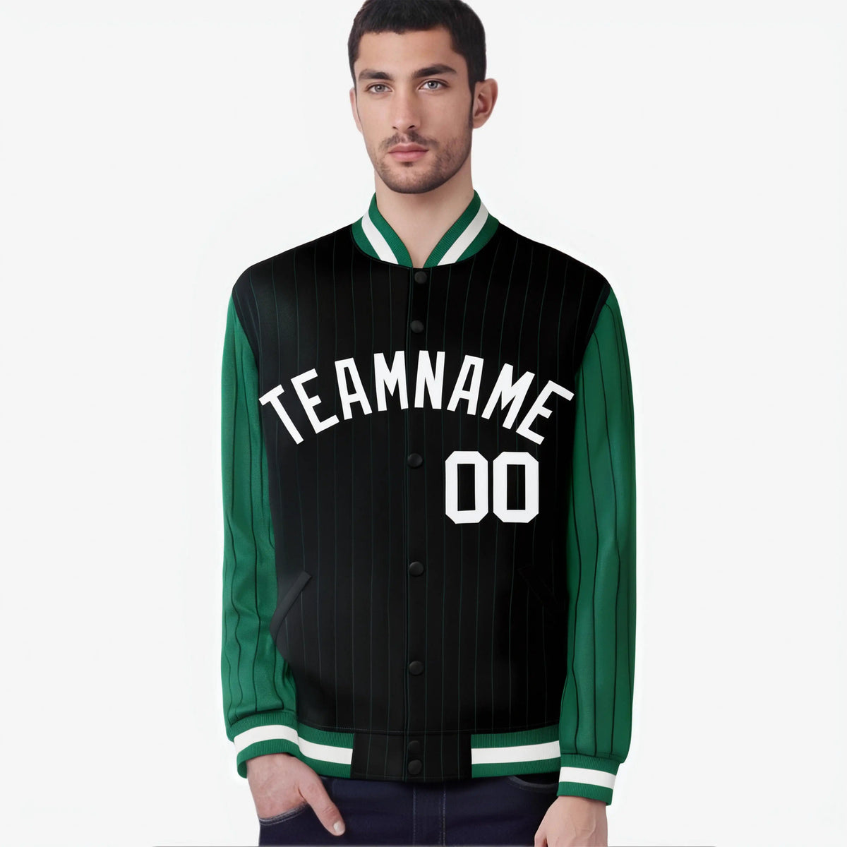 Custom Black Green-Black Personalized Stripe Fashion Letterman Bomber Varsity Jacket
