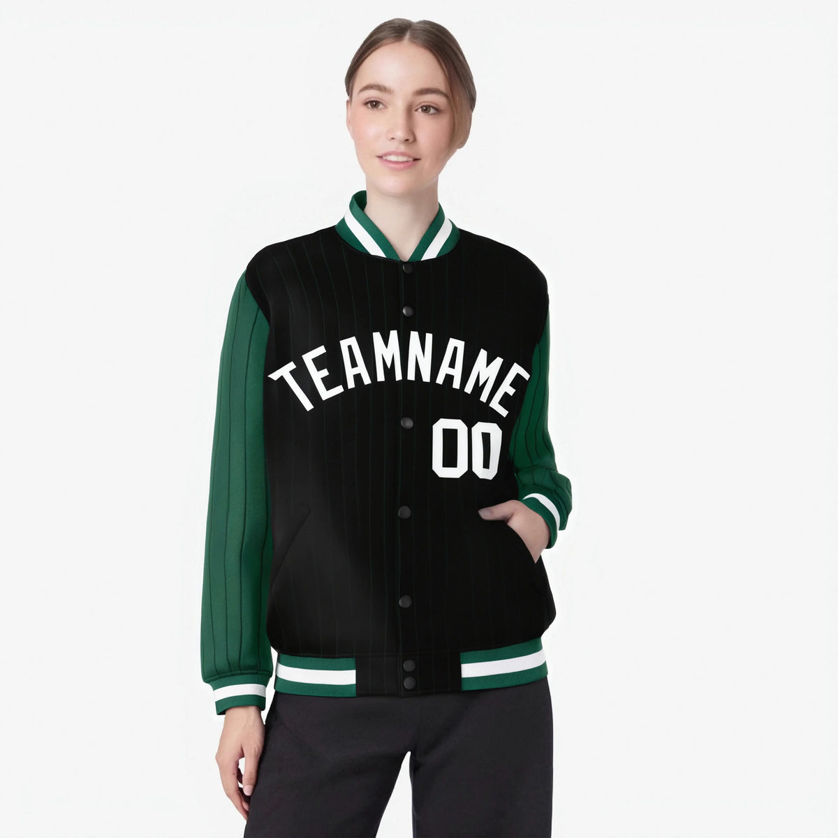 Custom Black Green-Black Personalized Stripe Fashion Letterman Bomber Varsity Jacket