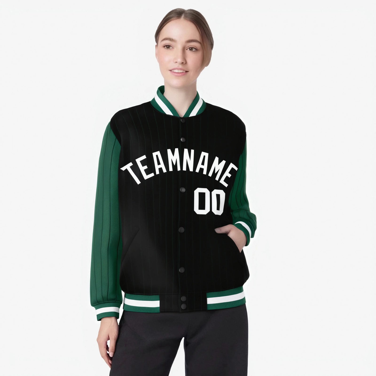 Custom Black Green-Black Personalized Stripe Fashion Letterman Bomber Varsity Jacket