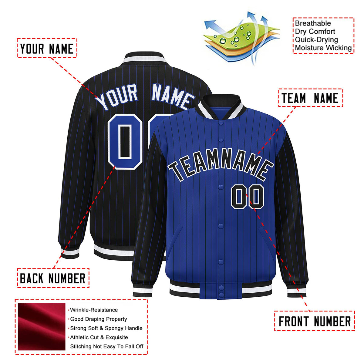 Custom Royal Blue Black-Royal Blue Personalized Stripe Fashion Letterman Bomber Varsity Jacket