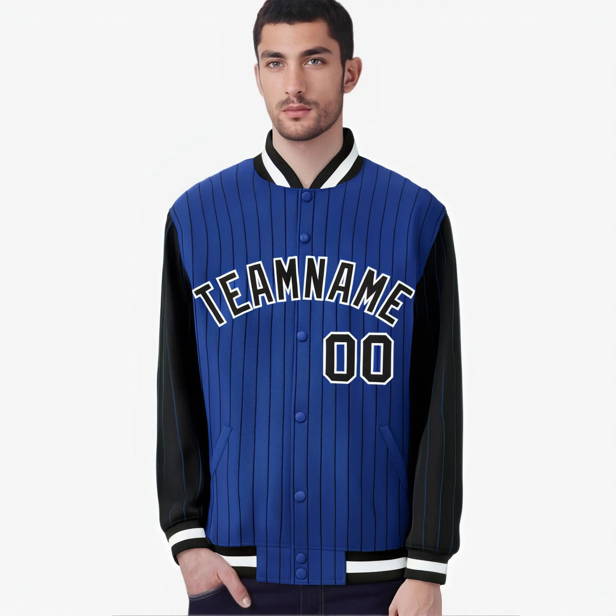 Custom Royal Blue Black-Royal Blue Personalized Stripe Fashion Letterman Bomber Varsity Jacket