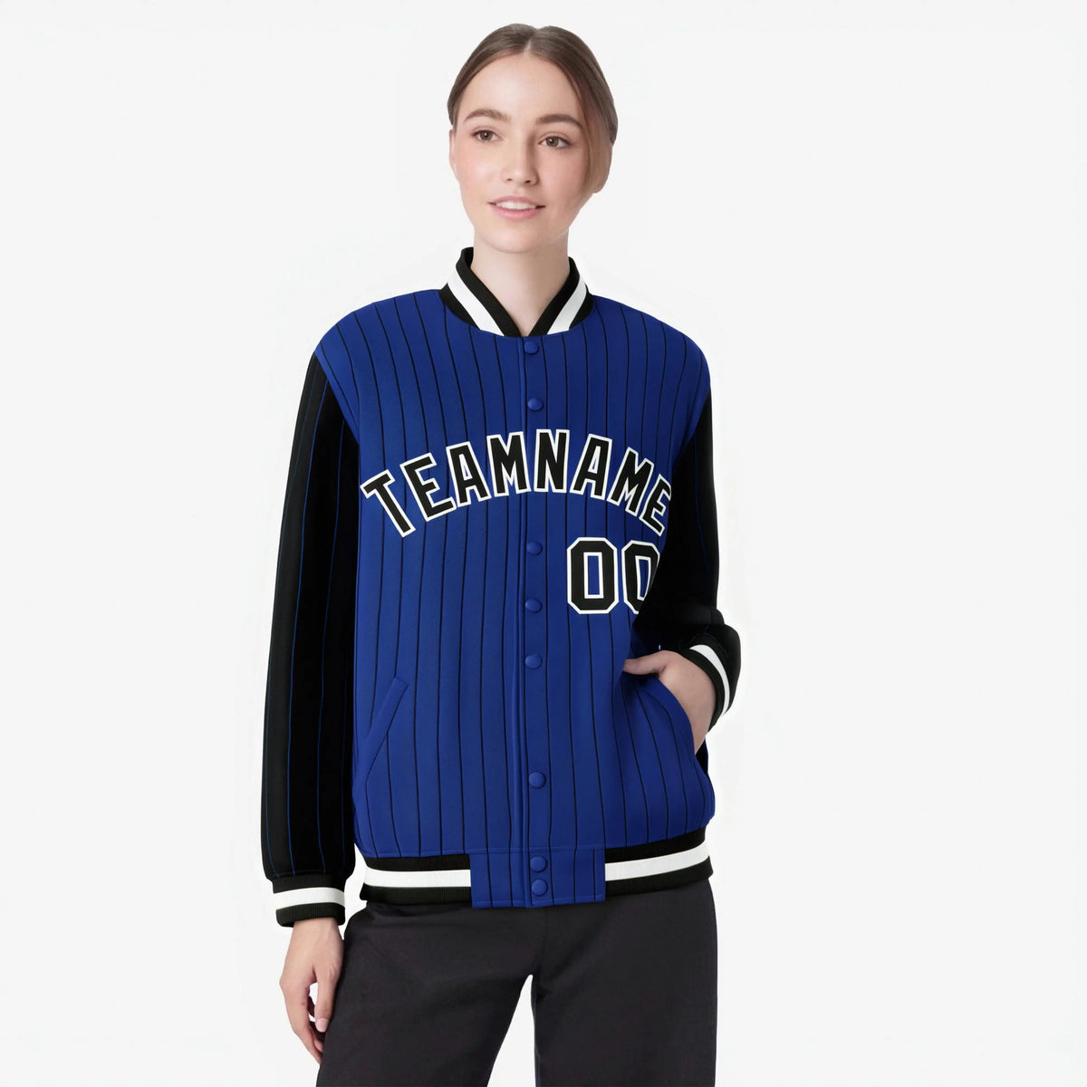 Custom Royal Blue Black-Royal Blue Personalized Stripe Fashion Letterman Bomber Varsity Jacket