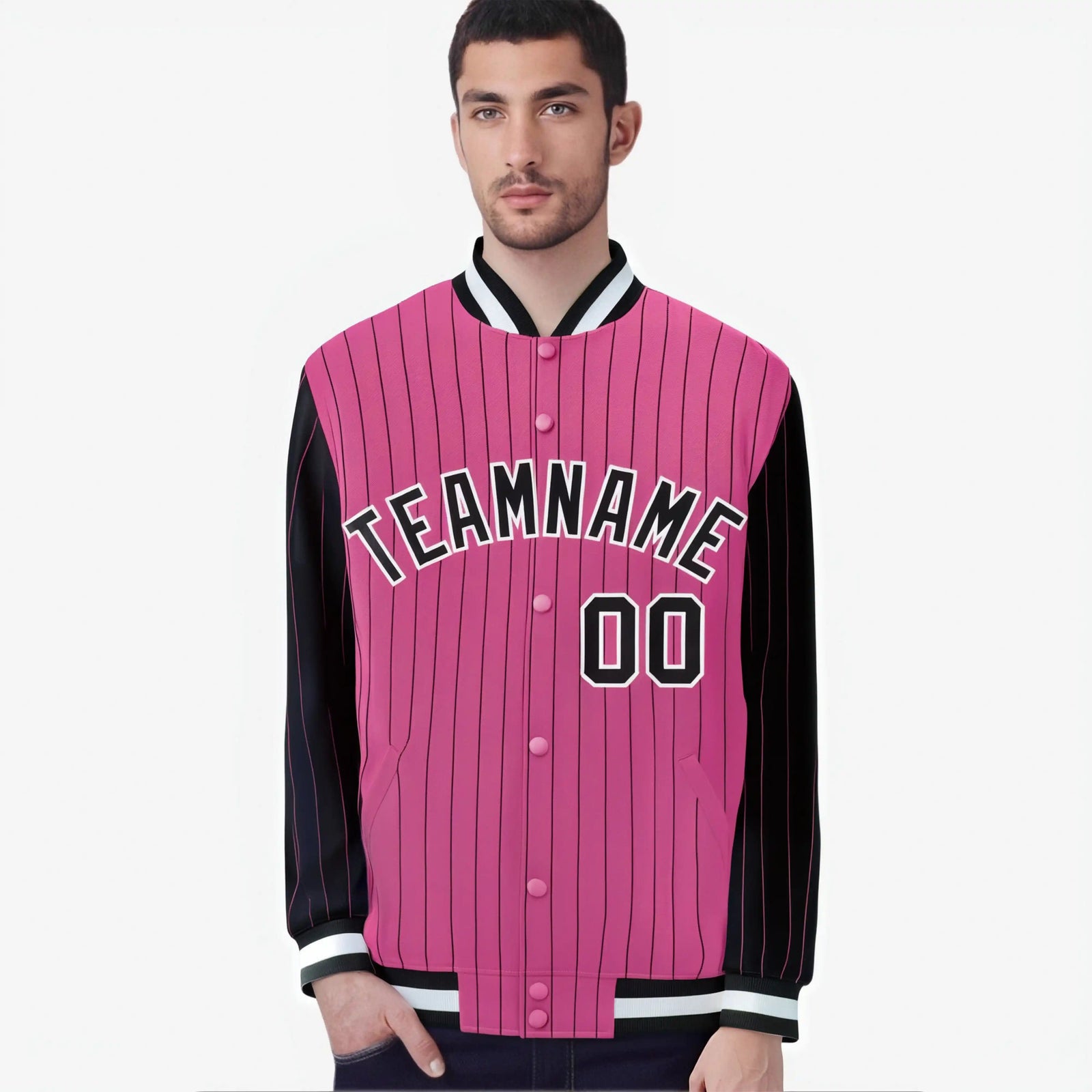Custom Pink Black-Pink Personalized Stripe Fashion Letterman Bomber Varsity Jacket