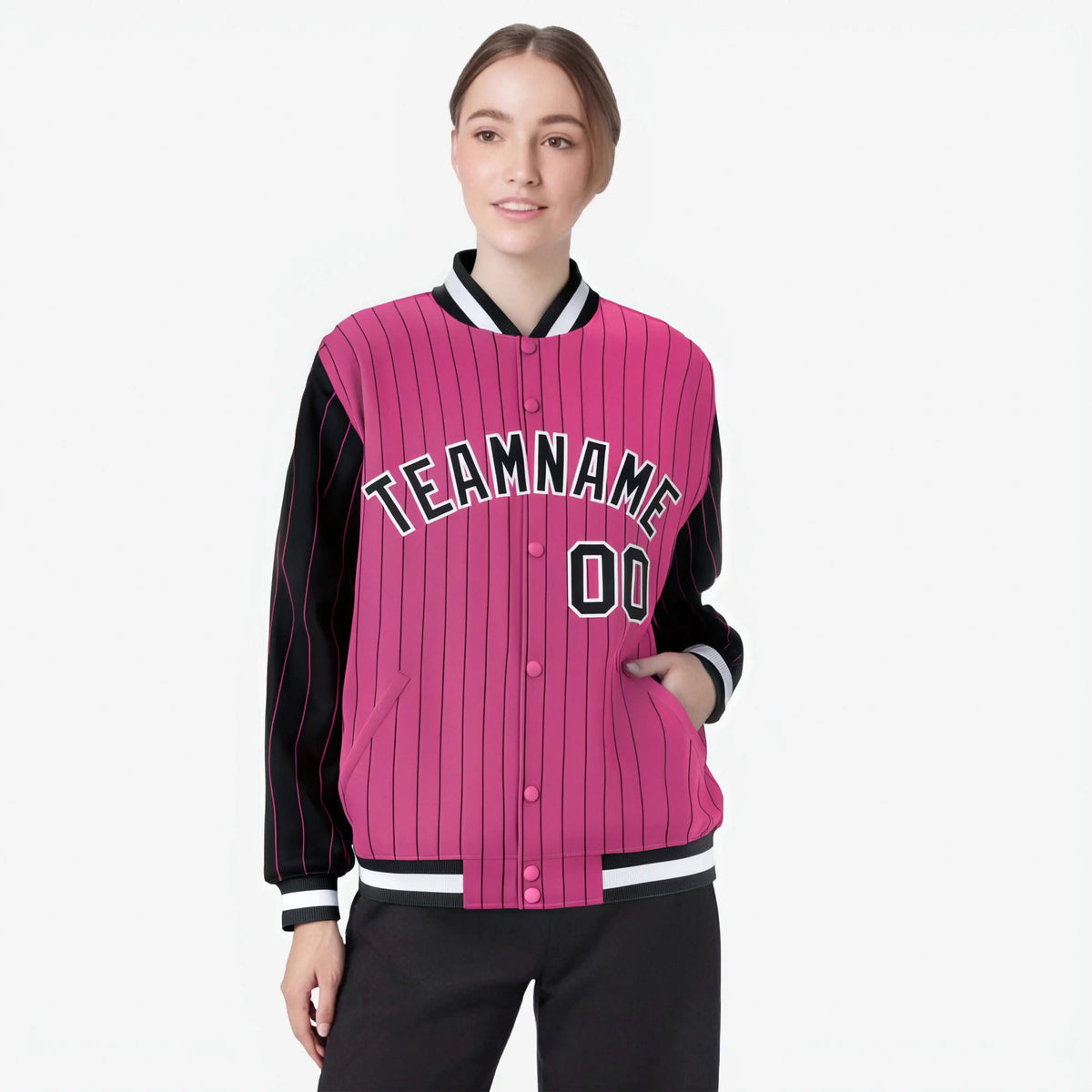 Custom Pink Black-Pink Personalized Stripe Fashion Letterman Bomber Varsity Jacket