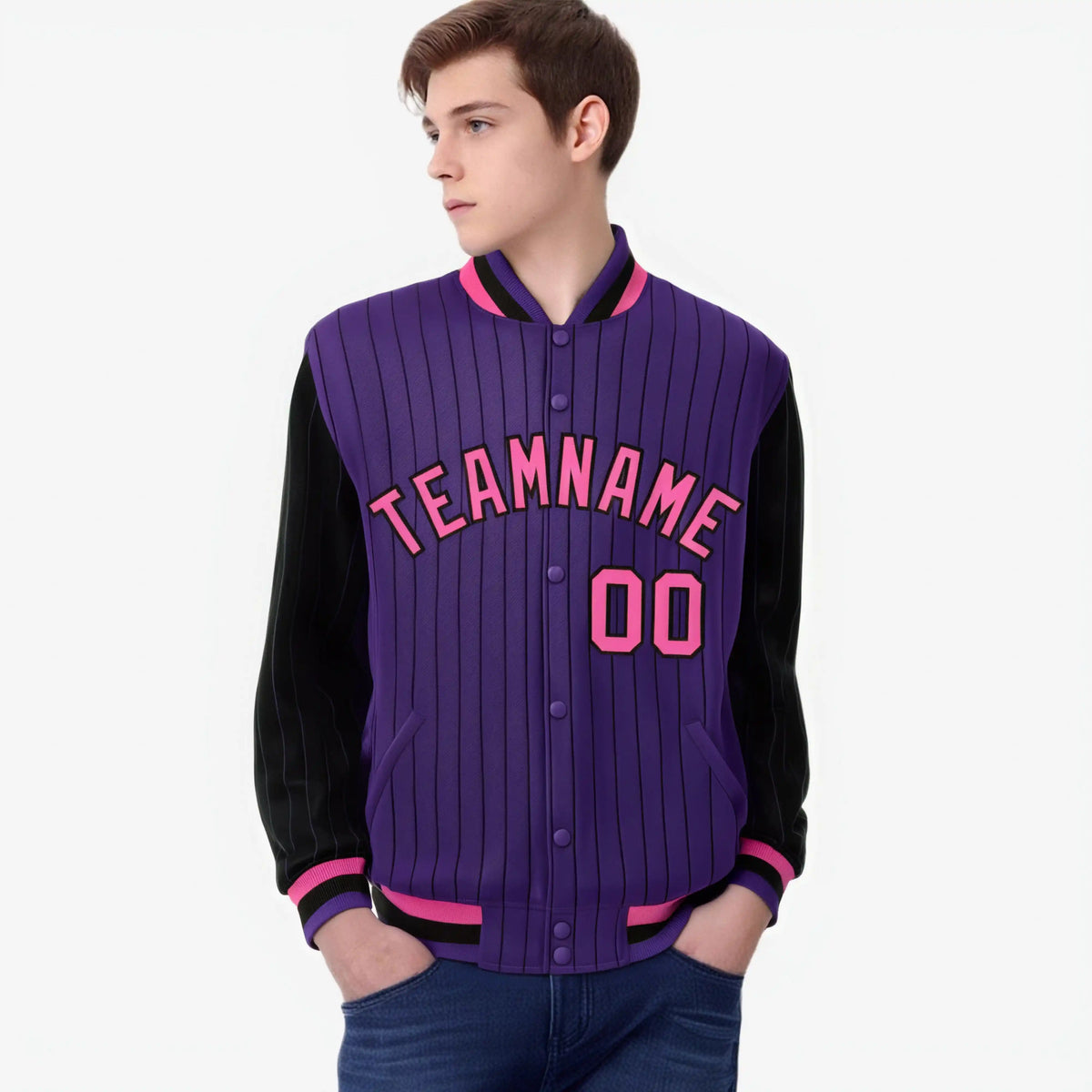 Custom Purple Black-Purple Personalized Stripe Fashion Letterman Bomber Varsity Jacket