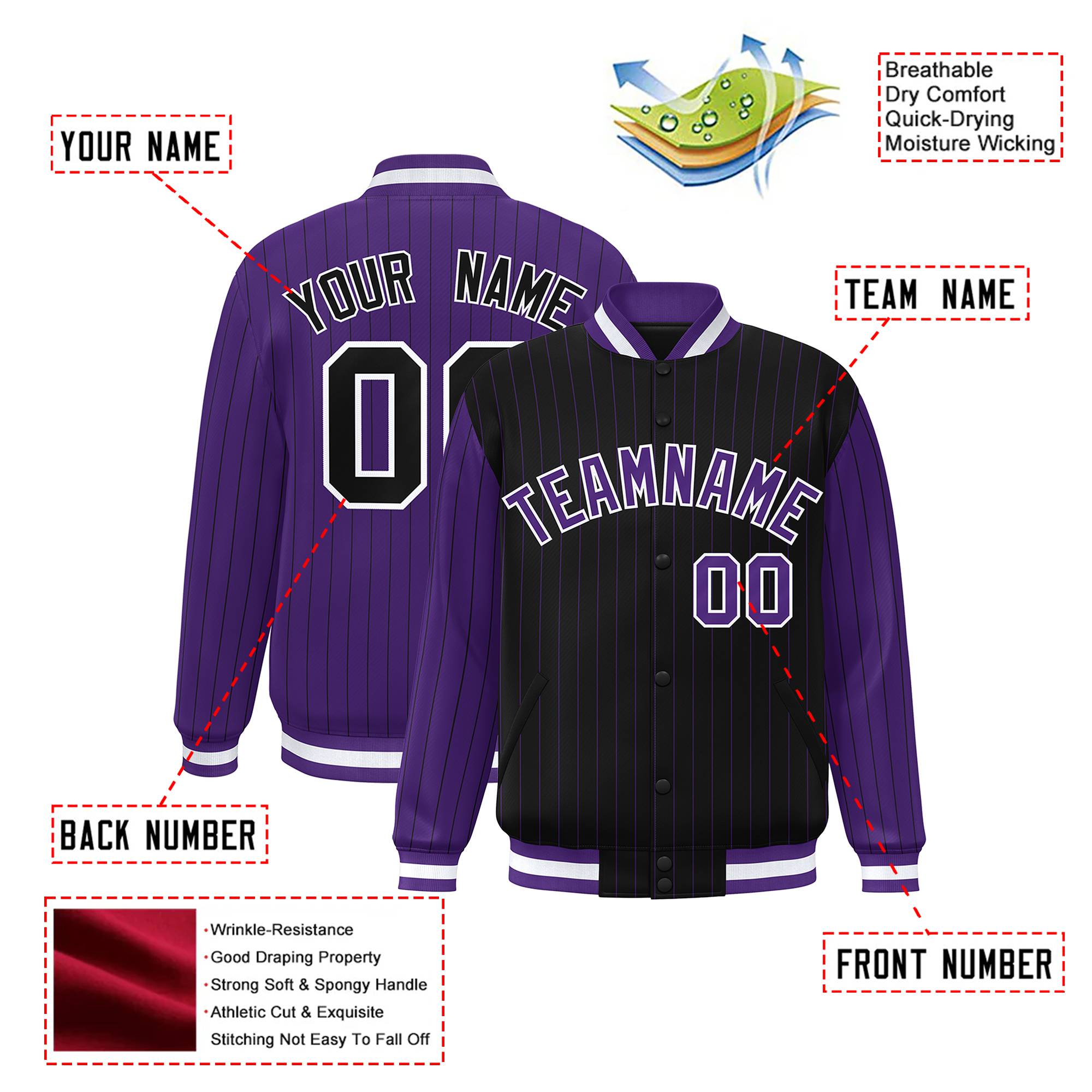 Custom Black Purple-Black Personalized Stripe Fashion Letterman Bomber Varsity Jacket