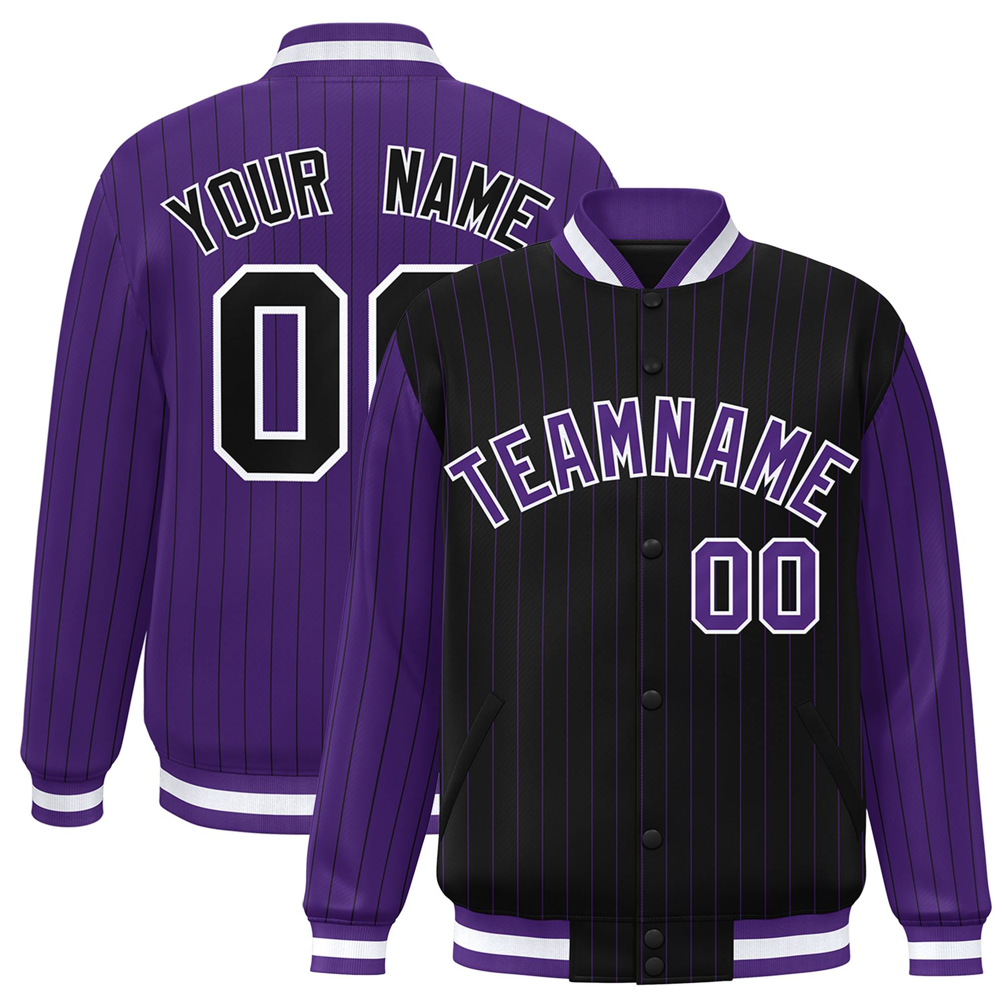 Custom Black Purple-Black Personalized Stripe Fashion Letterman Bomber Varsity Jacket