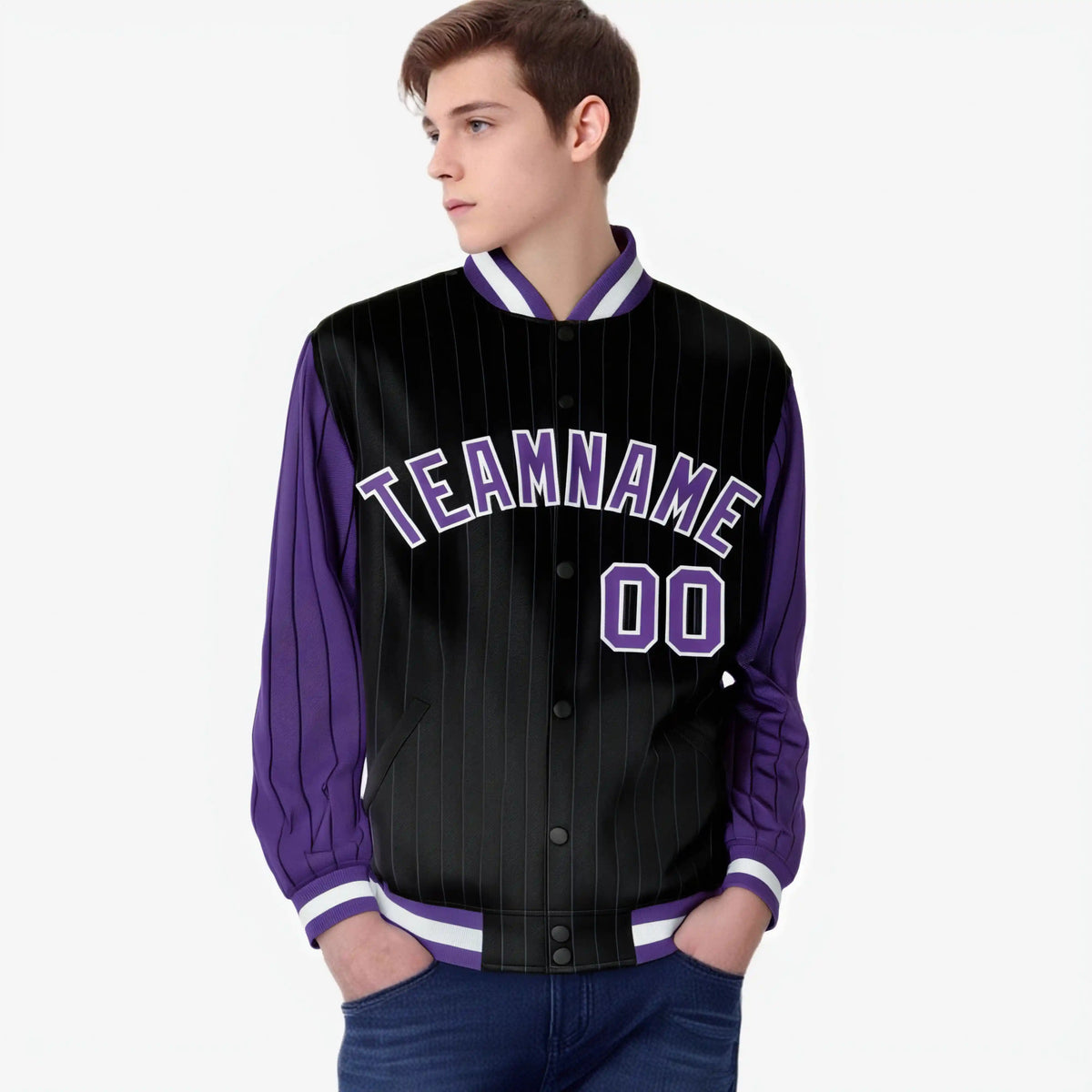Custom Black Purple-Black Personalized Stripe Fashion Letterman Bomber Varsity Jacket