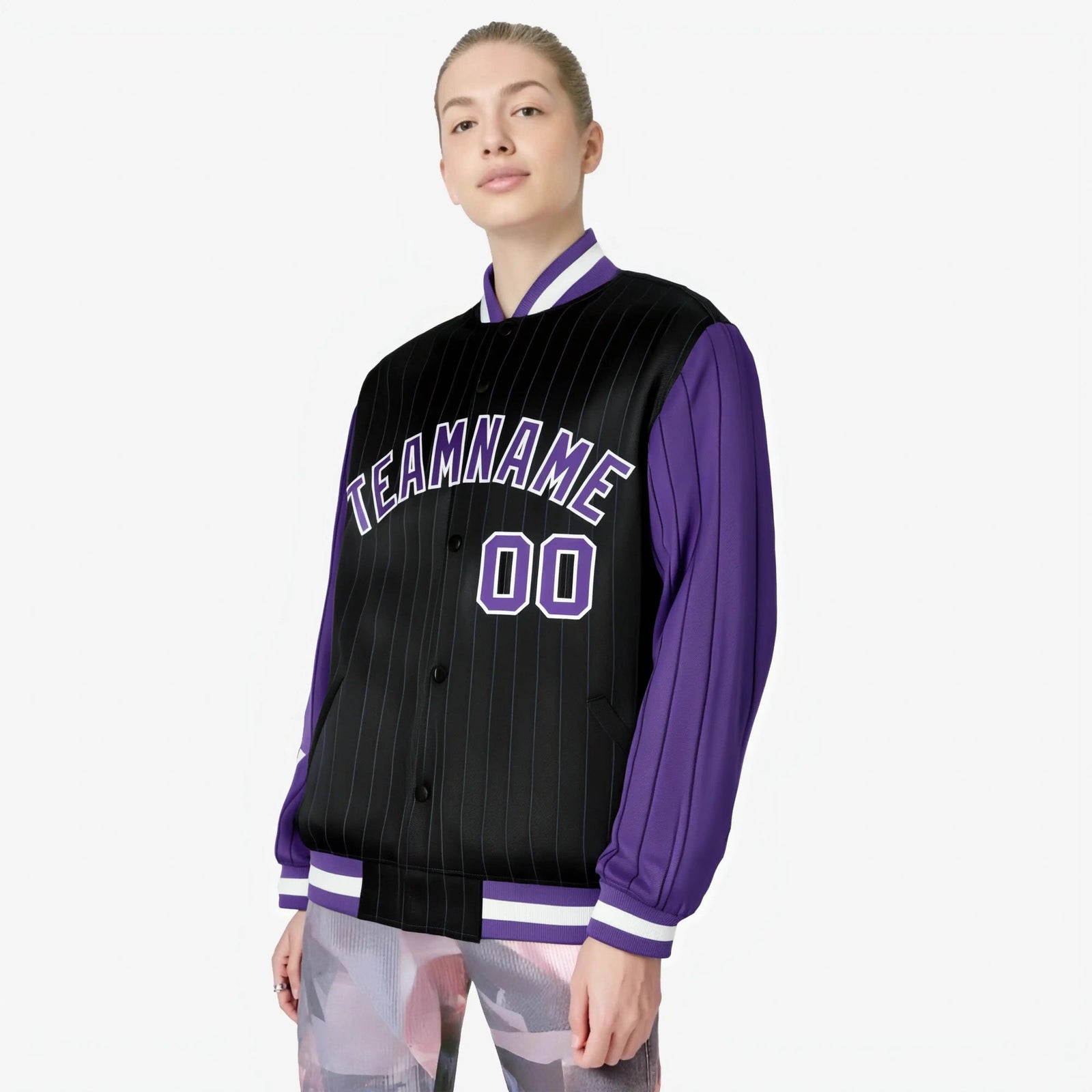 Custom Black Purple-Black Personalized Stripe Fashion Letterman Bomber Varsity Jacket