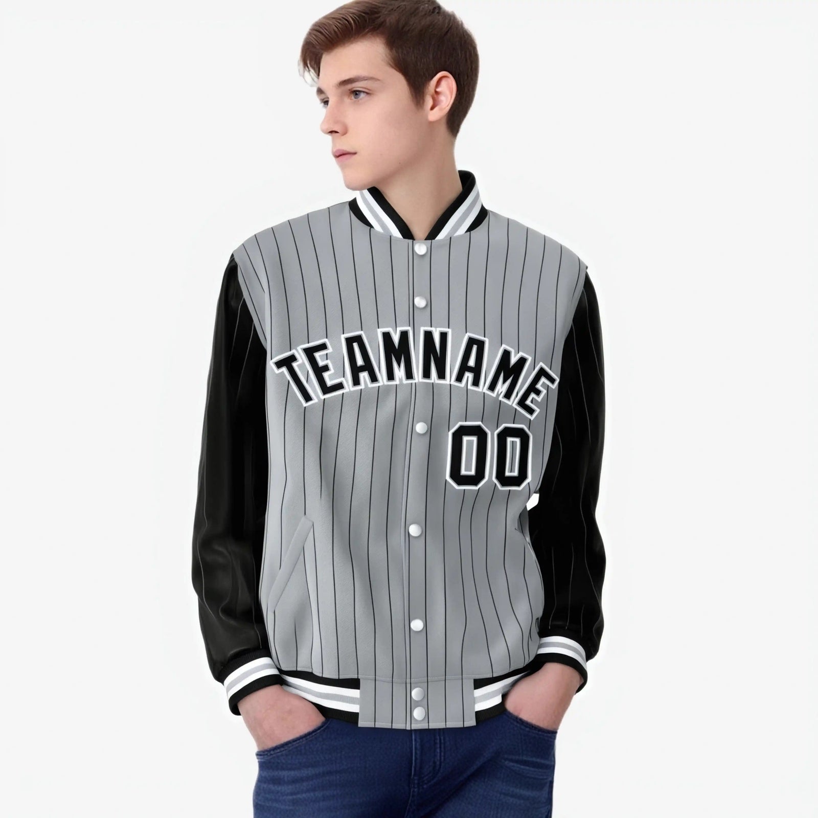 Custom Gray Black-Gray Personalized Stripe Fashion Letterman Bomber Varsity Jacket