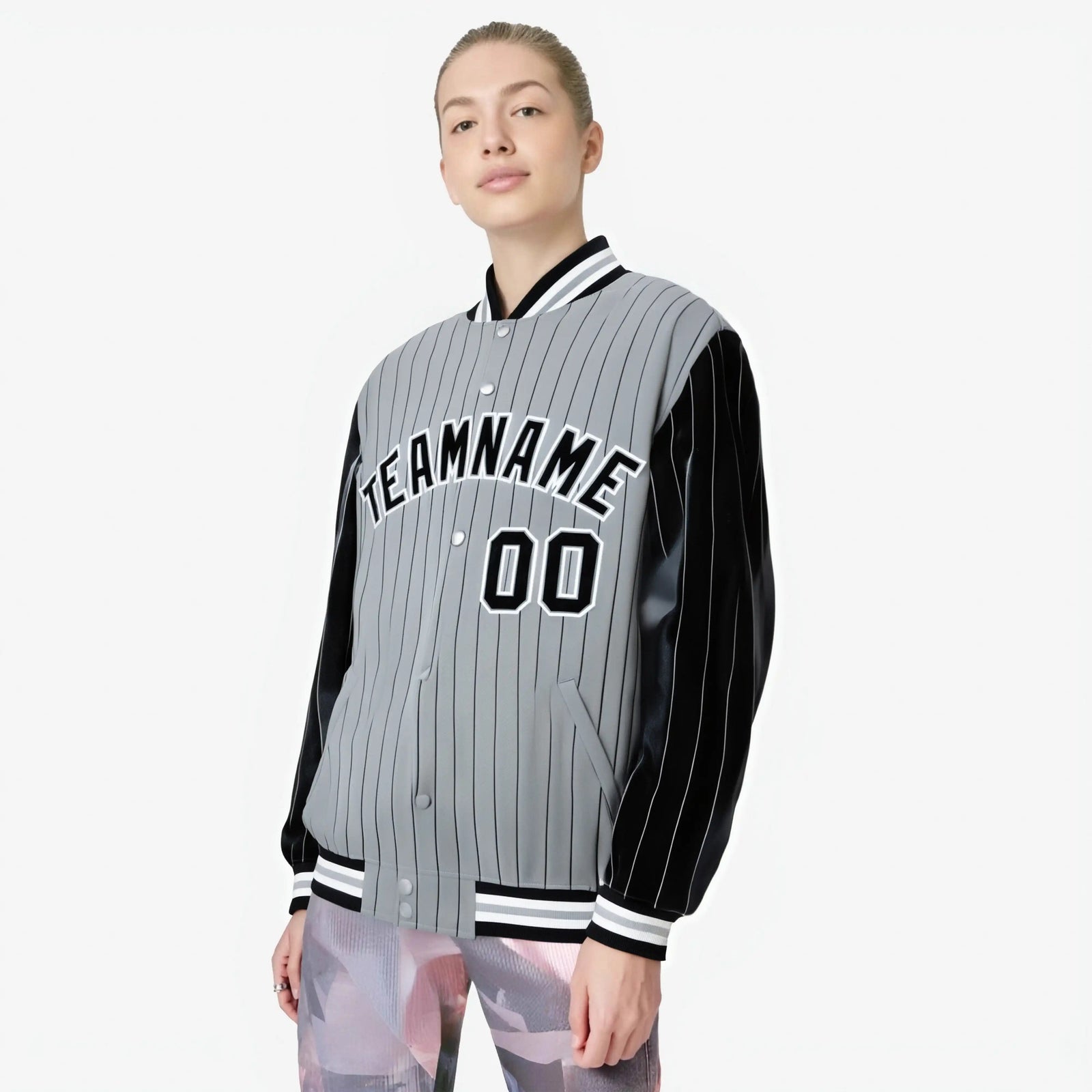 Custom Gray Black-Gray Personalized Stripe Fashion Letterman Bomber Varsity Jacket