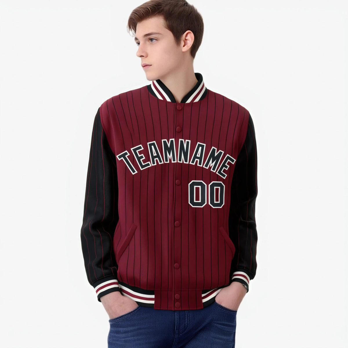 Custom Crimson Black-Crimson Personalized Stripe Fashion Letterman Bomber Varsity Jacket