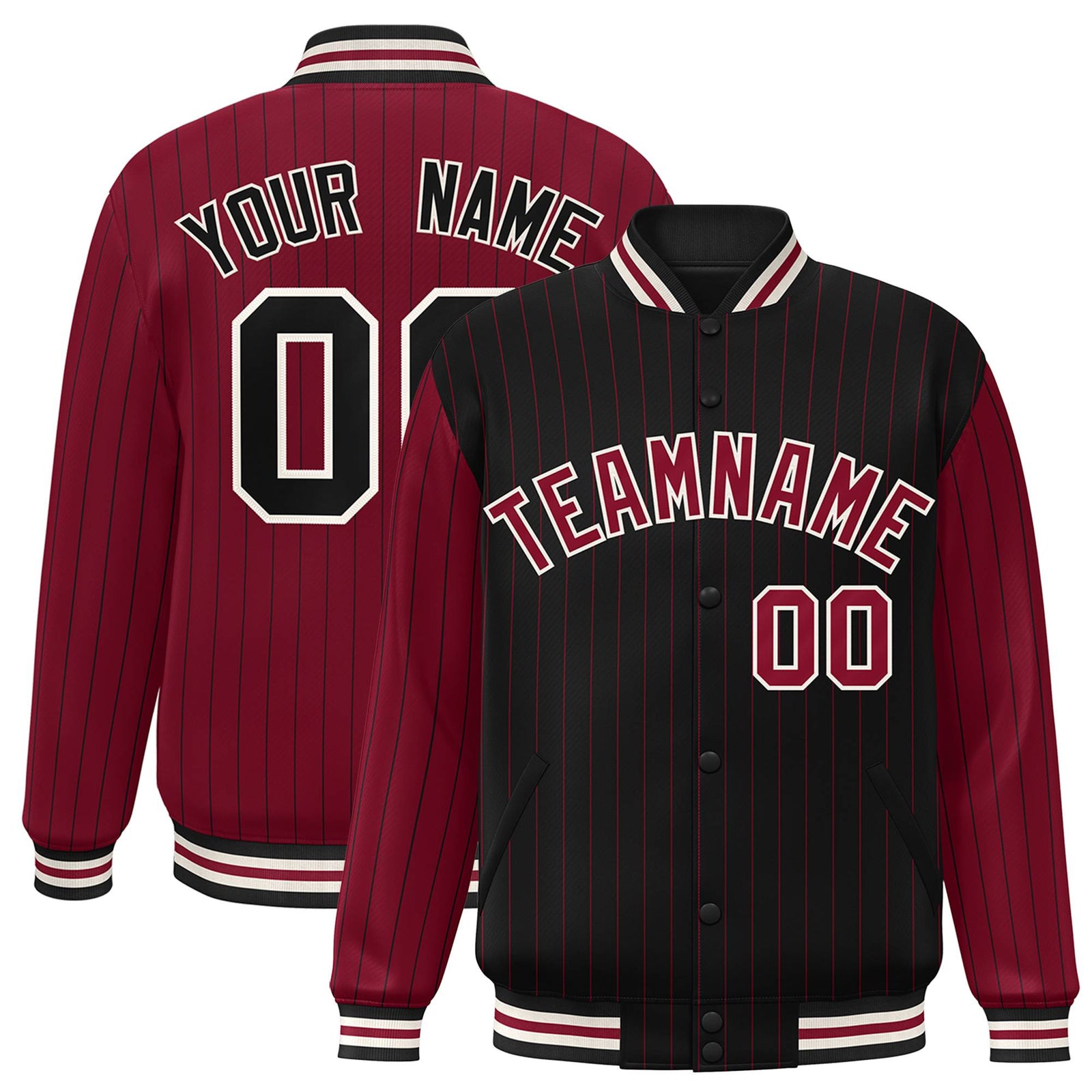 Custom Black Crimson-Black Personalized Stripe Fashion Letterman Bomber Varsity Jacket