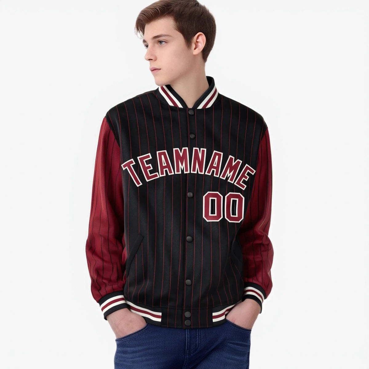 Custom Black Crimson-Black Personalized Stripe Fashion Letterman Bomber Varsity Jacket