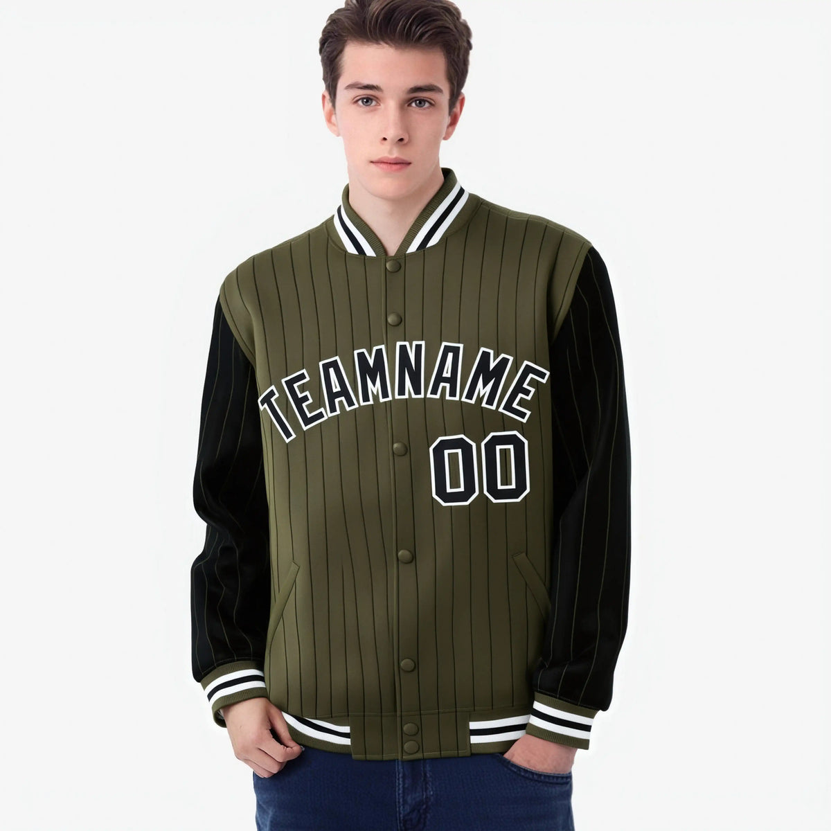 Custom Olive Black-Olive Personalized Stripe Fashion Letterman Bomber Varsity Jacket