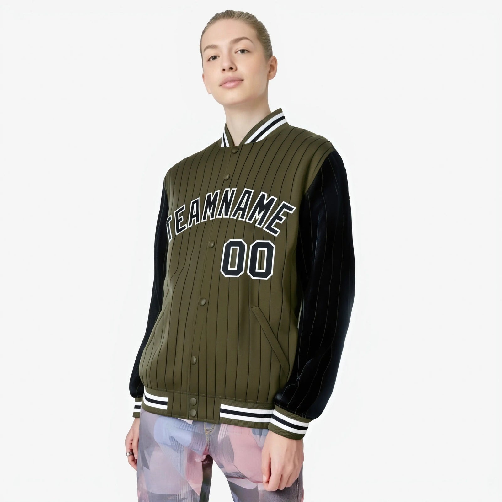 Custom Olive Black-Olive Personalized Stripe Fashion Letterman Bomber Varsity Jacket