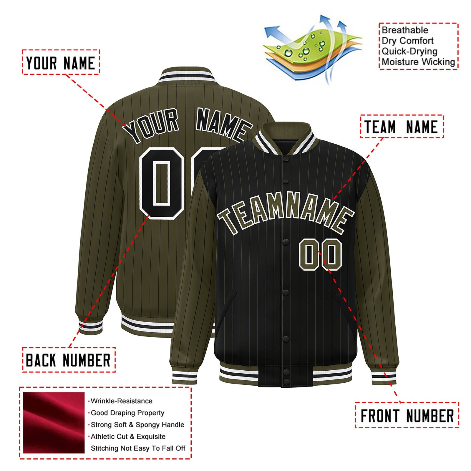 Custom Black Olive-Black Personalized Stripe Fashion Letterman Bomber Varsity Jacket