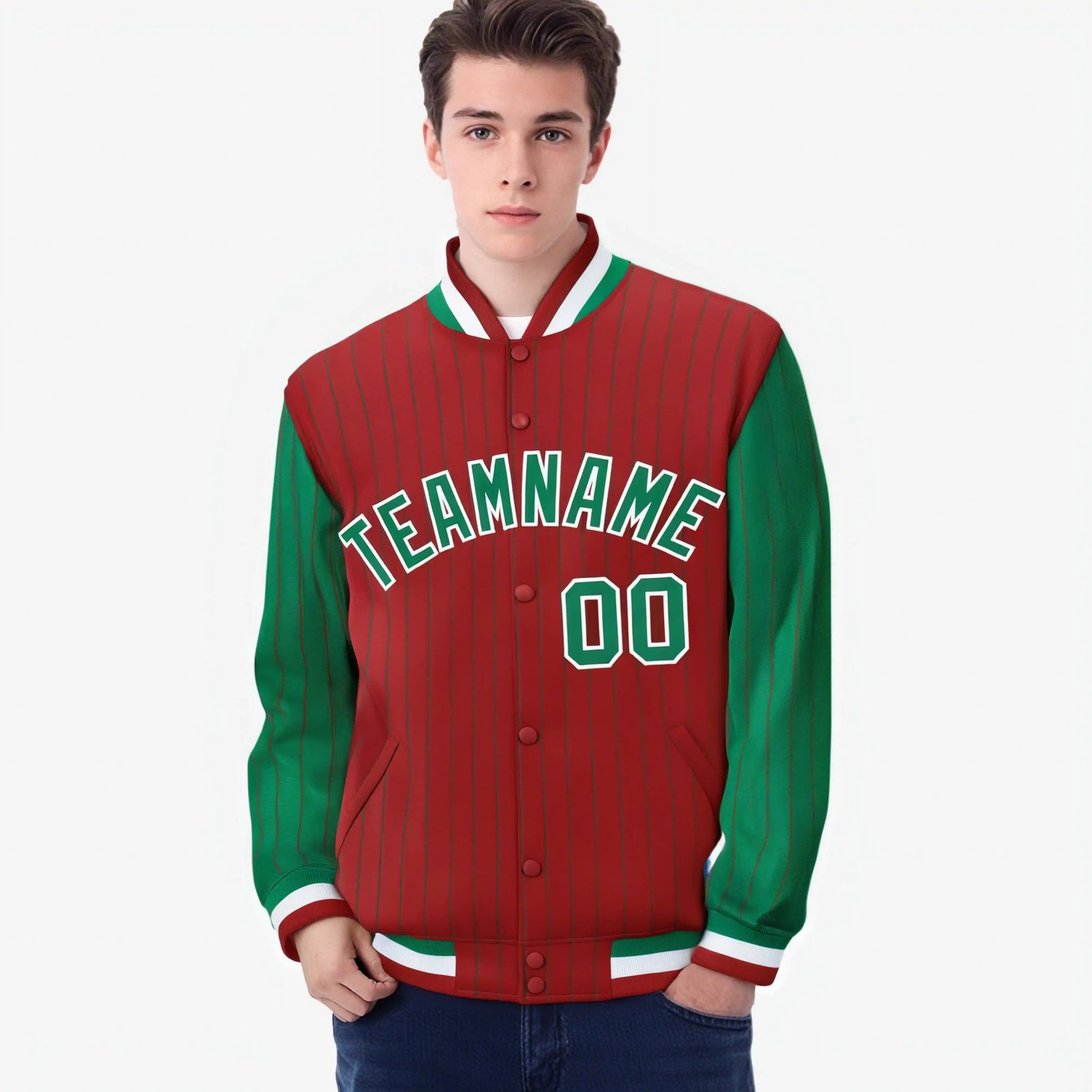 Custom Red Green-Red Personalized Stripe Fashion Letterman Bomber Varsity Jacket