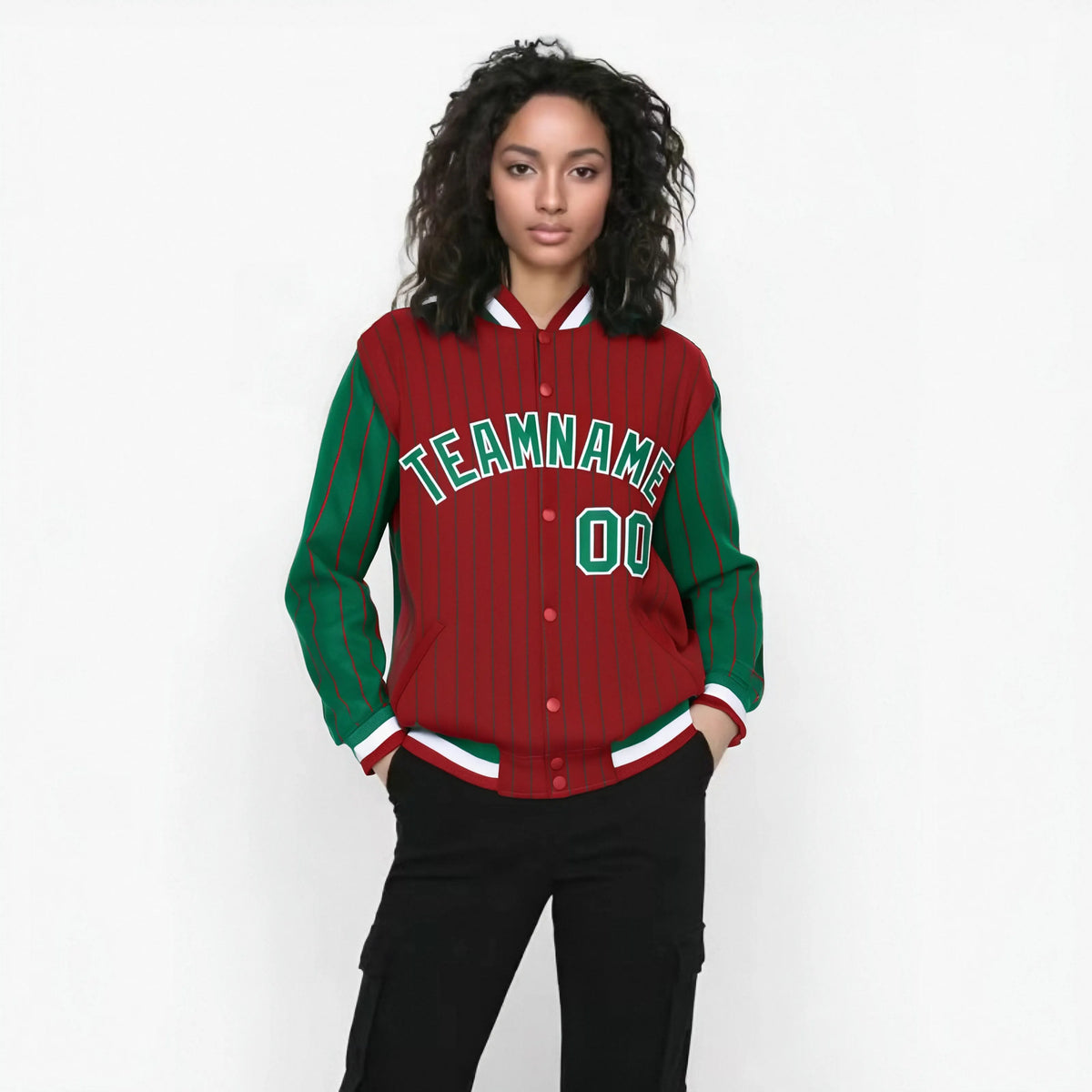 Custom Red Green-Red Personalized Stripe Fashion Letterman Bomber Varsity Jacket