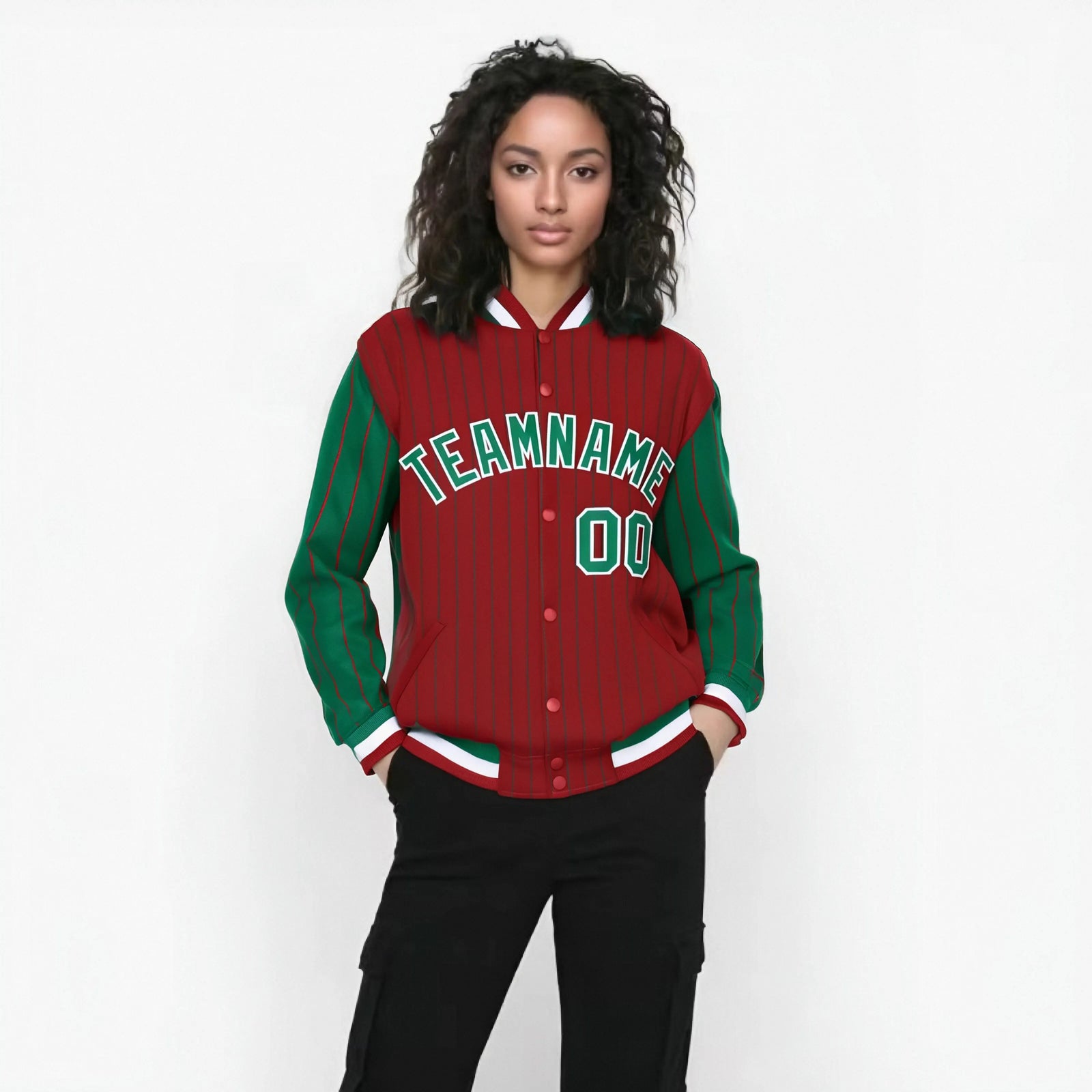 Custom Red Green-Red Personalized Stripe Fashion Letterman Bomber Varsity Jacket