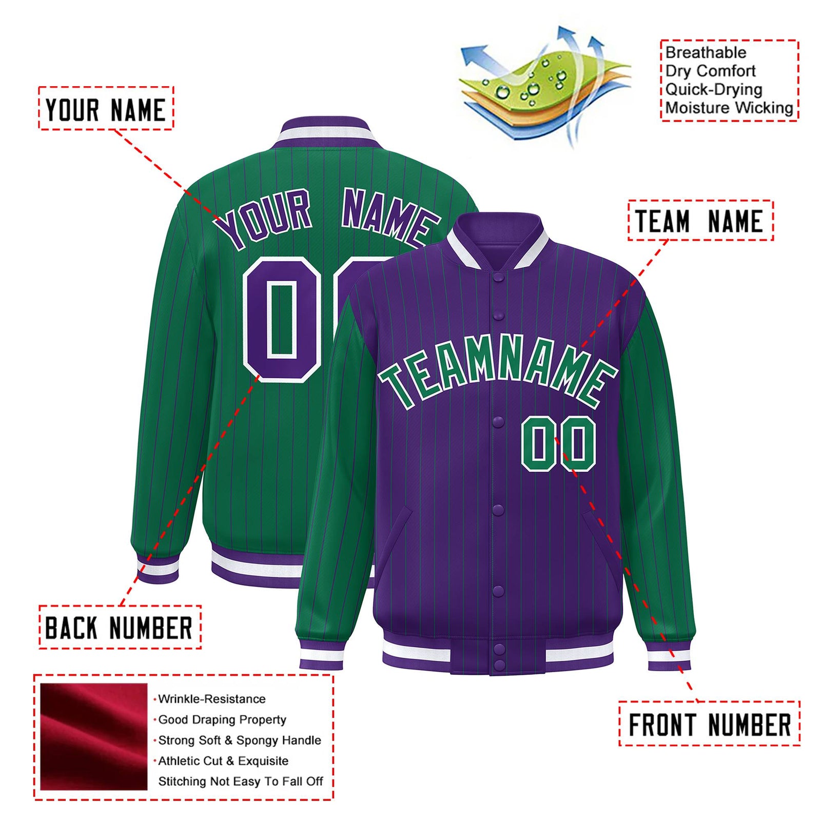 Custom Purple Green-Purple Personalized Stripe Fashion Letterman Bomber Varsity Jacket