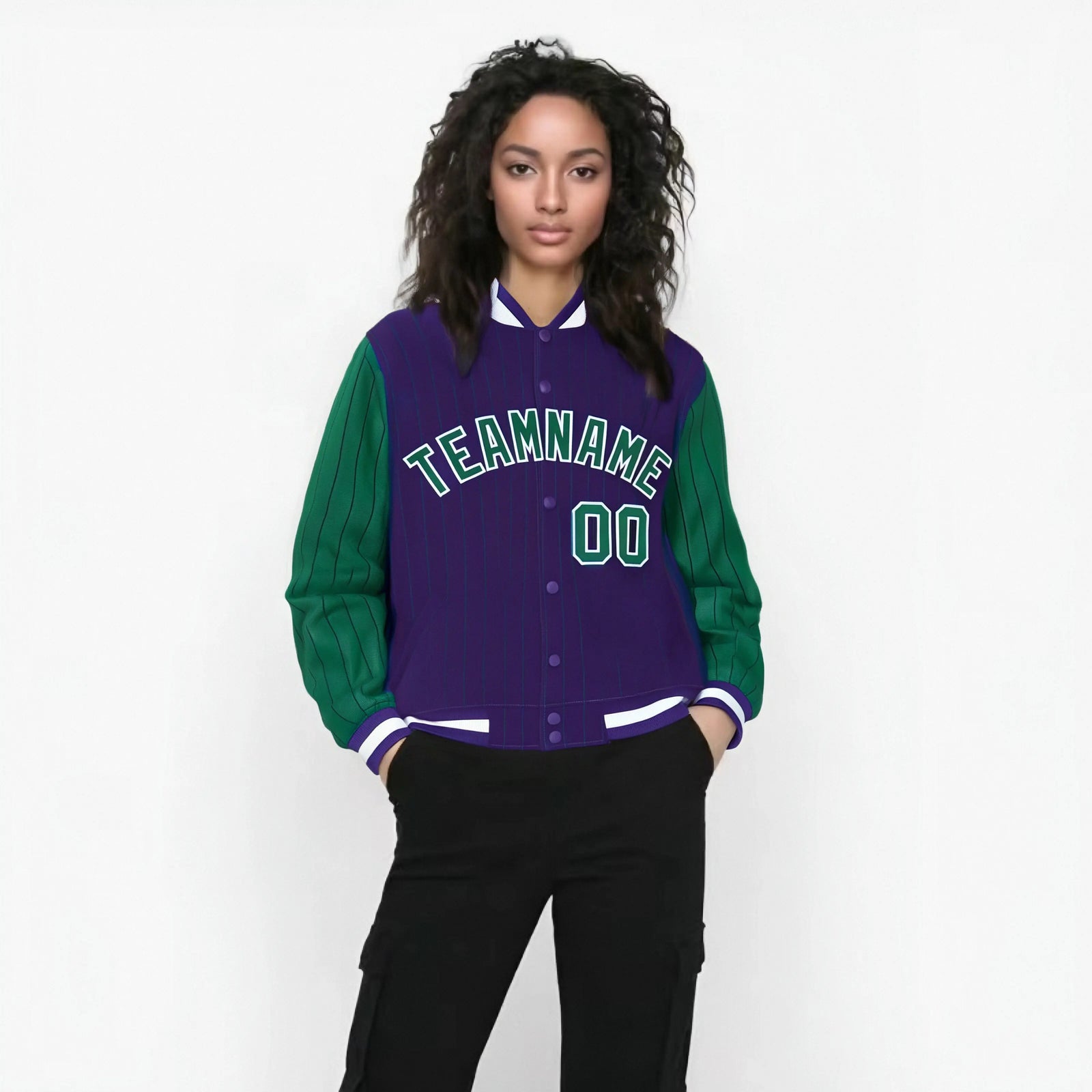 Custom Purple Green-Purple Personalized Stripe Fashion Letterman Bomber Varsity Jacket