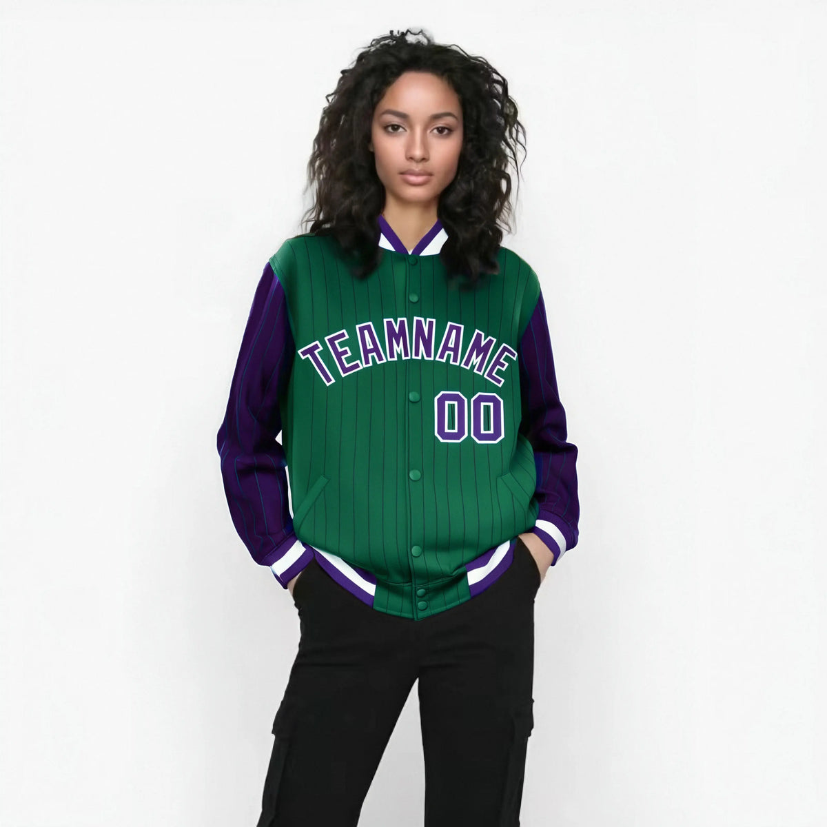Custom Green Purple-Green Personalized Stripe Fashion Letterman Bomber Varsity Jacket
