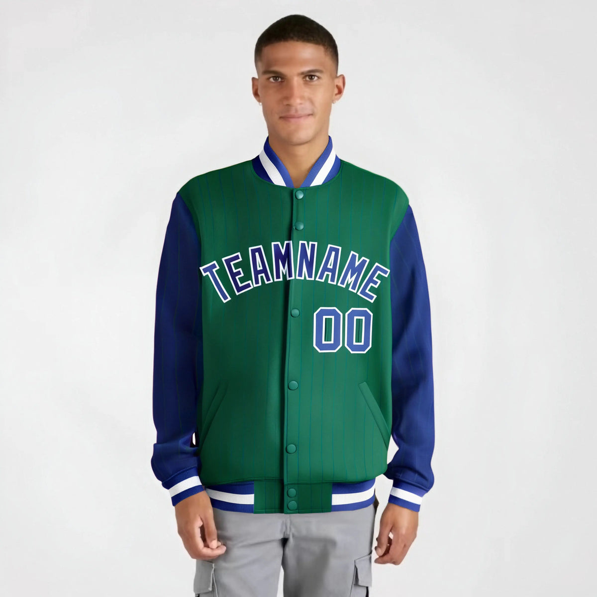 Custom Green Royal Blue-Green Personalized Stripe Fashion Letterman Bomber Varsity Jacket