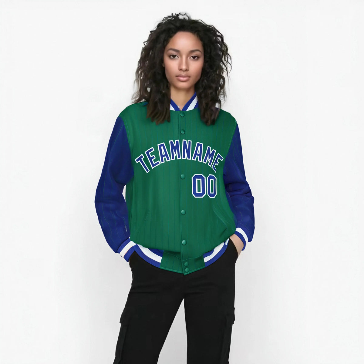 Custom Green Royal Blue-Green Personalized Stripe Fashion Letterman Bomber Varsity Jacket