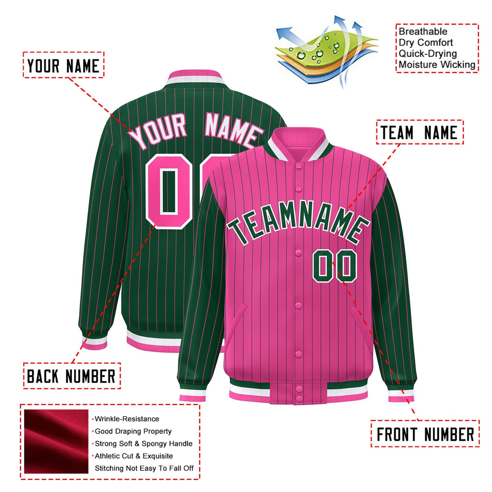 Custom Pink Green-Pink Personalized Stripe Fashion Letterman Bomber Varsity Jacket